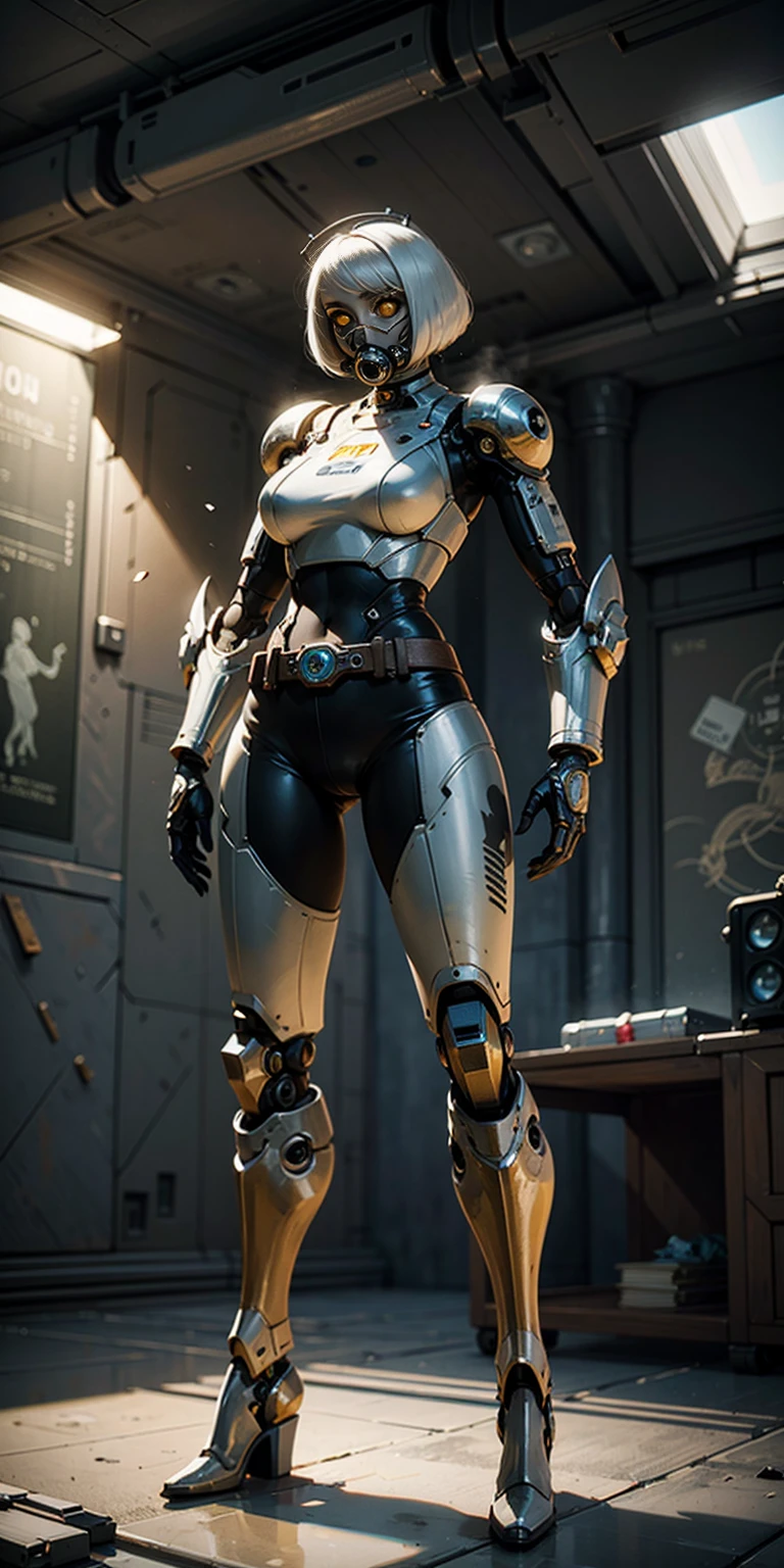 (masterpiece:1.2,high quality), 1girl, ((ultra realistic details)), global illumination, shadows, Unreal Engine, octane render, 8k, ultra sharp, metal, intricate, ornaments detailed, highly intricate details, yellow eyes, (mechanical body:1.2), white hair, (black gas mask), Gear, bob cut, hundreds of wires, Terran, (Robot, android:1.15), Apocalypse, broken buildings, full body, whole body. 1solo (girl). standing, hands on hips full body, whole body. choker, big belt, view from below, feet together, bracers, tiara