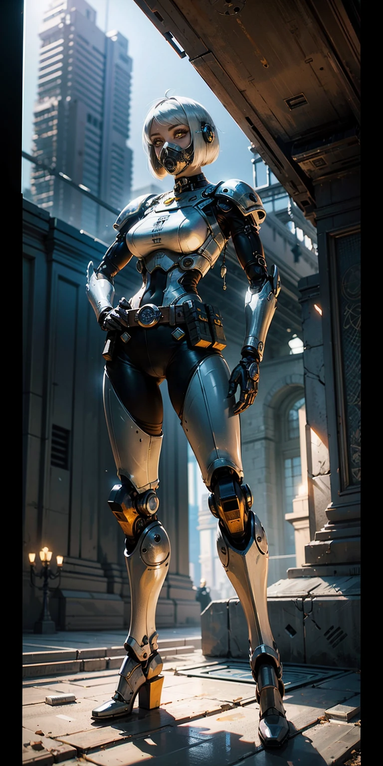 (masterpiece:1.2,high quality), 1girl, ((ultra realistic details)), global illumination, shadows, Unreal Engine, octane render, 8k, ultra sharp, metal, intricate, ornaments detailed, highly intricate details, yellow eyes, (mechanical body:1.2), white hair, (black gas mask), Gear, bob cut, hundreds of wires, Terran, (Robot, android:1.15), Apocalypse, broken buildings, full body, whole body. 1solo (girl). standing, hands on hips full body, whole body. choker, big belt, view from below, feet together, bracers, tiara