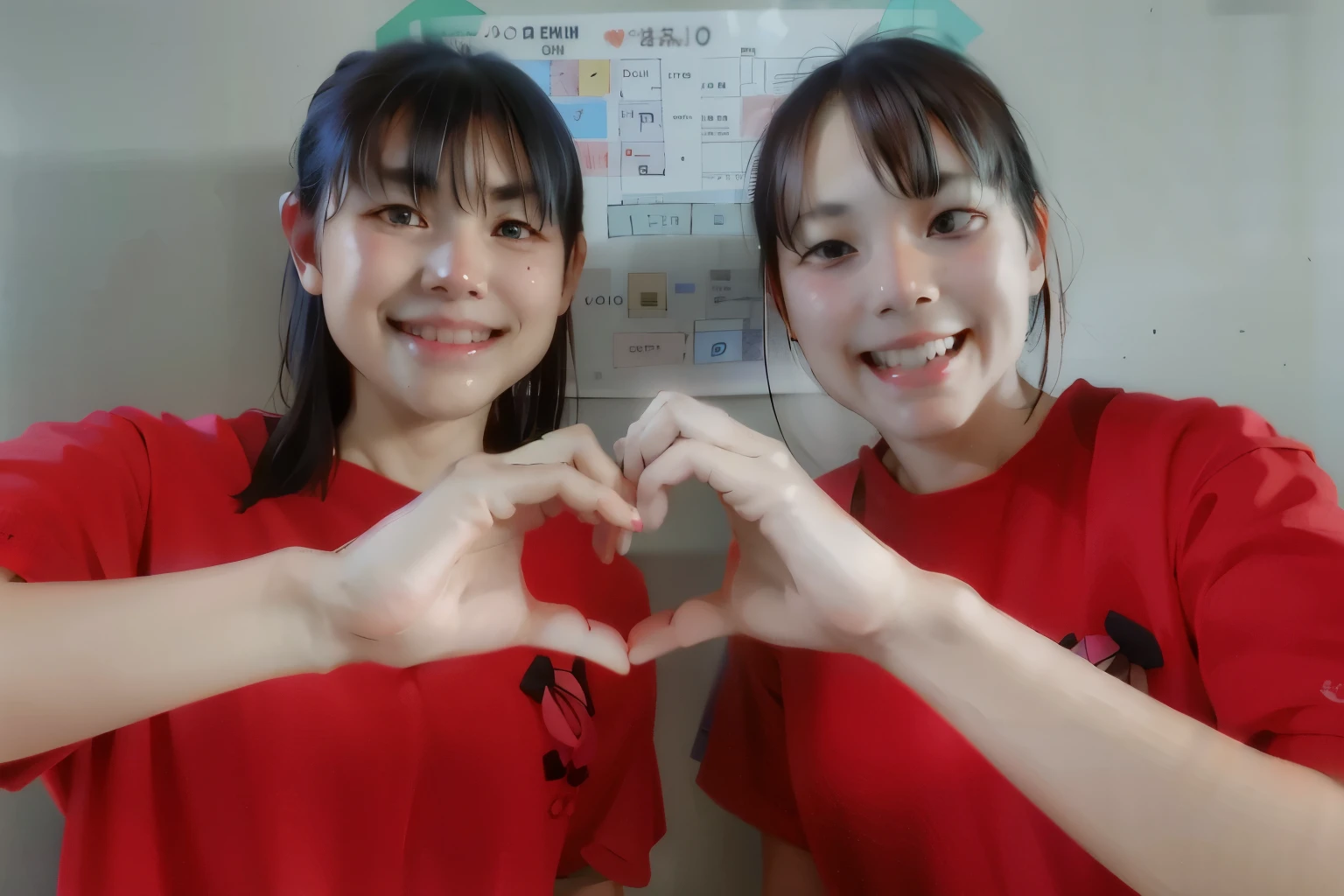 Two Japanese high school girls making a heart with their hands, wearing white uniforms, the uniform has a blue ribbon on the chest, smiling, Japanese high school classroom, the color of the uniform is white, blue ribbon on the chest, posing Two Japanese female students