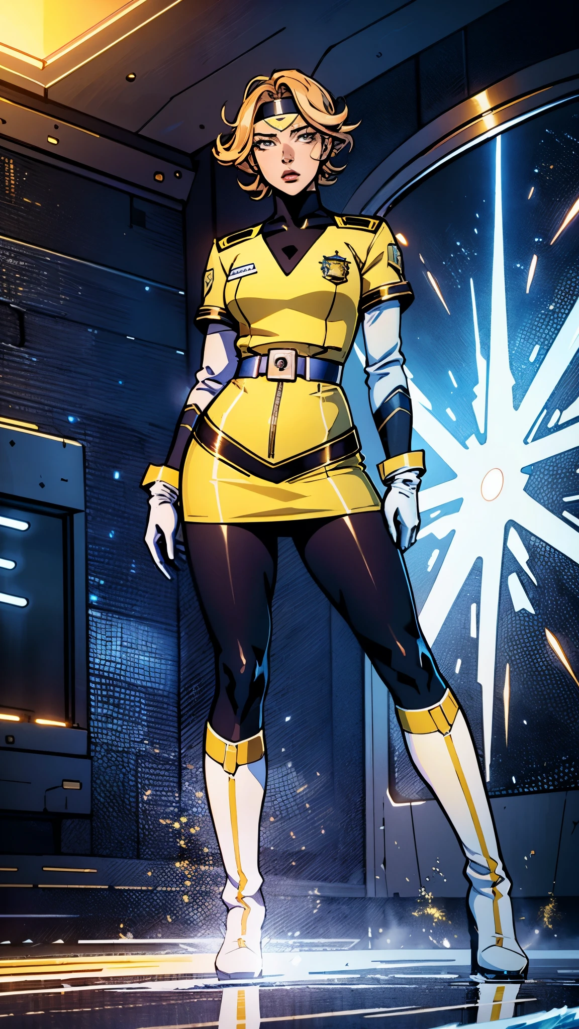 A girl with short light golden hair, a metal headband on her forehead, an icy gaze, a detached expression, a smooth and exquisite facial appearance, a sci-fi military uniform, white as the main color, complemented by blue and yellow accents, short sleeves, gloves, short skirt integrated with the outfit, dark fitted pants, knee-high military boots, standing in a futuristic sci-fi-styled room, Surrounded by AR virtual interfaces, this character embodies a finely crafted a futuristic sci-fi female officer in anime style, exquisite and mature manga art style, high definition, best quality, highres, ultra-detailed, ultra-fine painting, extremely delicate, professional, anatomically correct, symmetrical face, extremely detailed eyes and face, high quality eyes, creativity, RAW photo, UHD, 8k, Natural light, cinematic lighting, masterpiece-anatomy-perfect, masterpiece:1.5