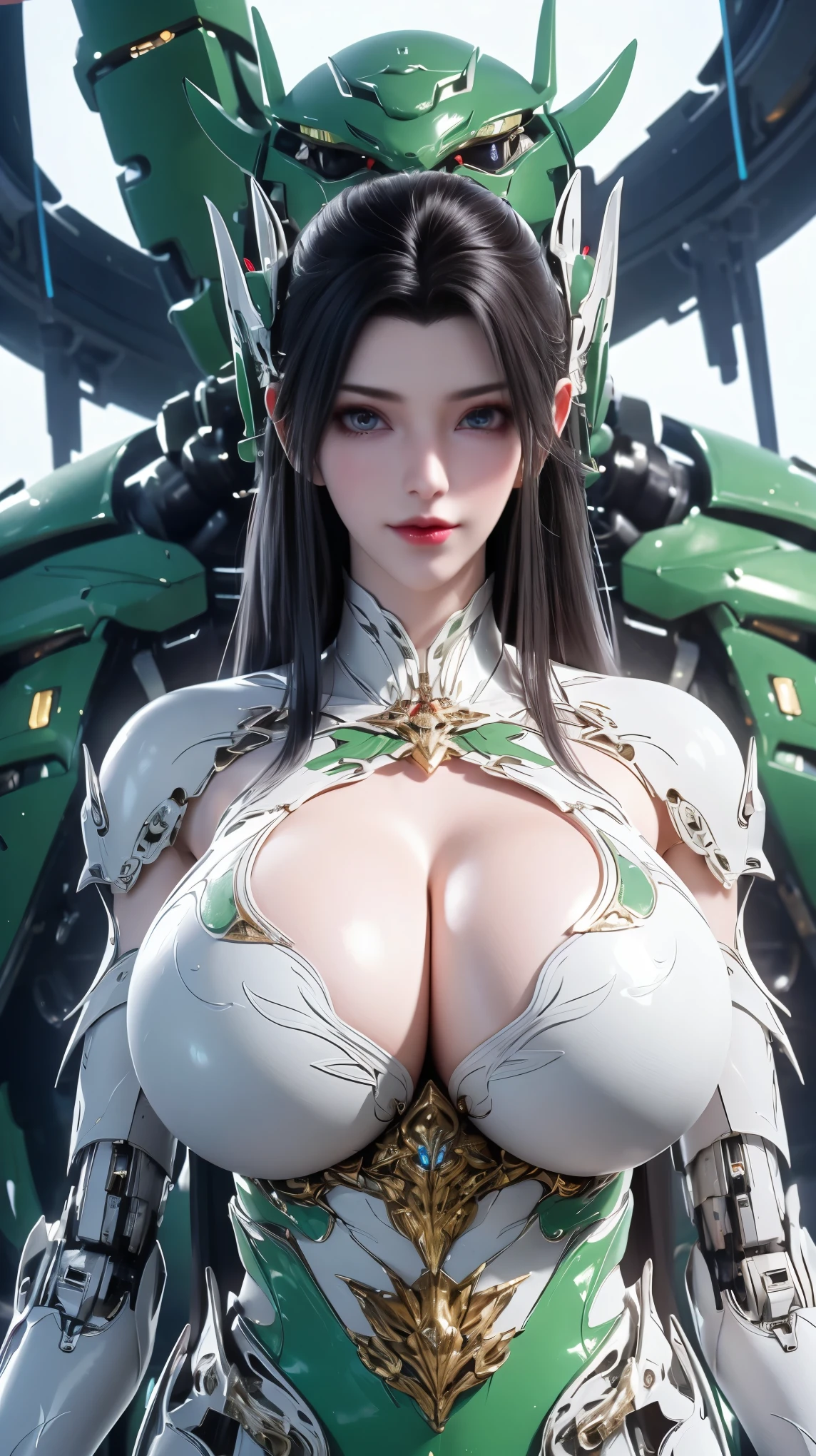 (HYPER-REALISTIC :1.5), AI GIRL GRNERATOR (FRONT BANGS HAIR,PHOENIX GOLD HELM:1.1), (GIGANTIC FAKE :1.5), ((CLEAVAGE:1.5)), (MUSCLE ABS:1.3), (WHITE GREEN SHINY FUTURISTIC MECHA CYBER CROPTOP, BLACK MECHA SKINTIGHT LEGGINGS,POTRAIT:1.5), (VOLUPTUOUS BODY MATURE WOMAN, SWEATY BODY:1.1), (LOOKING AT VIEWER:1.3), (female focus:0.8), (HALLROOM OF FUTURISTIC SPACE STATION:1), (BRIGHT LIGHT WHITE_ROOM:1.3), HYPER TEXTURE, (4X MSAA), ((UNREAL ENGINE 5 RENDER)), PHYSICALLY-BASED RENDERING, ULTRA HIGHT DEFINITION, 16K, 1080P.