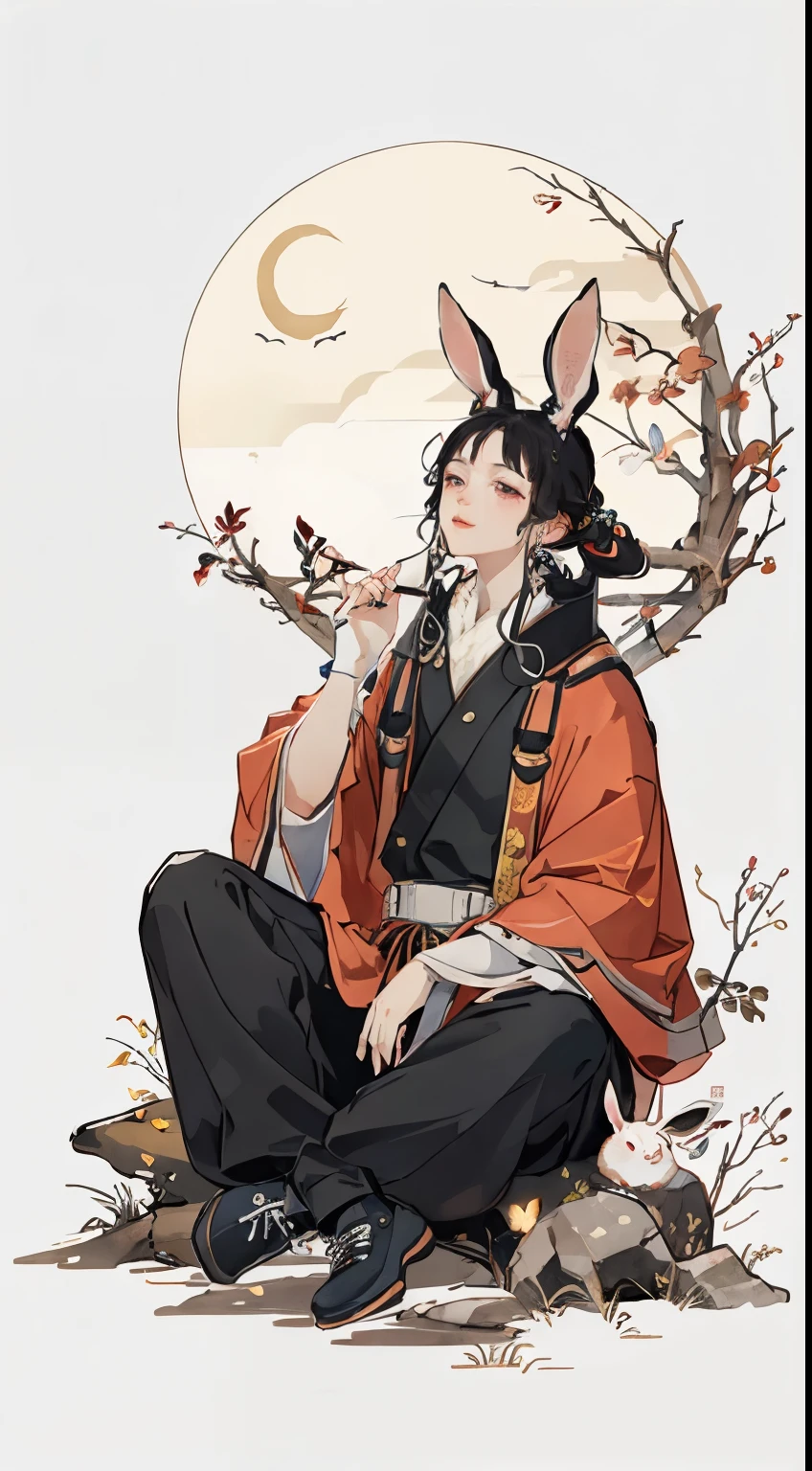(A rabbit:1.4), sat on the ground, Looking up, Mid-Autumn Festival atmosphere, Traditional Chinese illustration style, Digital art, Simple background, Masterpiece on white background, Best quality, Ultra-detailed, High quality, 4K