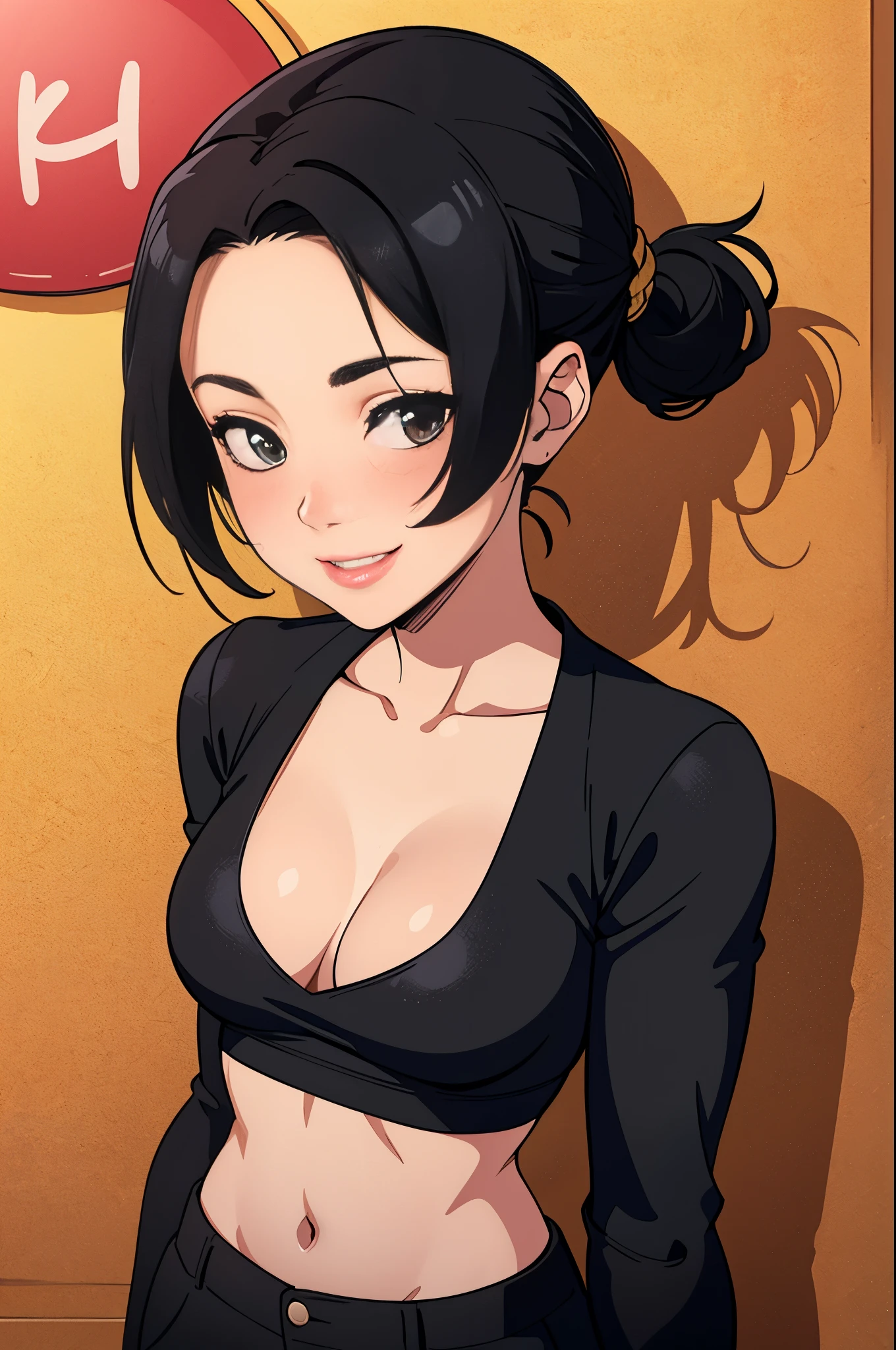 Amazing portrait of a sexy woman wearing her luscious black hair in a ponytail, seductively gazing and smiling, soft lips, parted, blushing intensely, smiling, black crop top, black cargo pants, black short shirt, medium chest, cleavage, perfect body