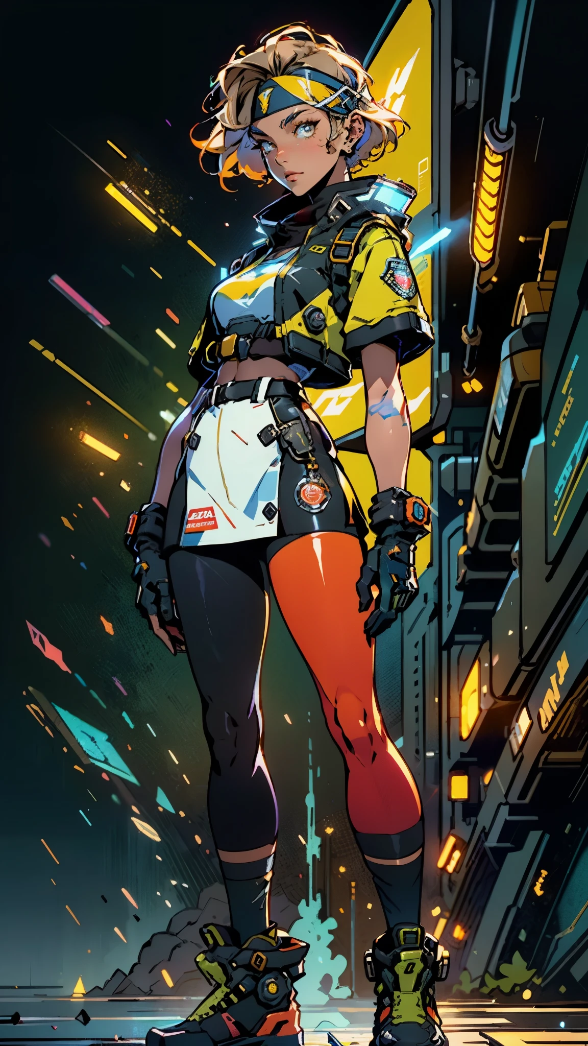 A girl with short light golden hair, a metal headband on her forehead, an icy gaze, a detached expression, a smooth and exquisite facial appearance, a sci-fi military uniform, white as the main color, complemented by blue and yellow accents, short sleeves, gloves, short skirt integrated with the outfit, dark fitted pants, knee-high military boots, standing in a futuristic sci-fi-styled room, Surrounded by AR virtual interfaces, this character embodies a finely crafted a futuristic sci-fi female officer in anime style, exquisite and mature manga art style, high definition, best quality, highres, ultra-detailed, ultra-fine painting, extremely delicate, professional, anatomically correct, symmetrical face, extremely detailed eyes and face, high quality eyes, creativity, RAW photo, UHD, 8k, Natural light, cinematic lighting, masterpiece-anatomy-perfect, masterpiece:1.5