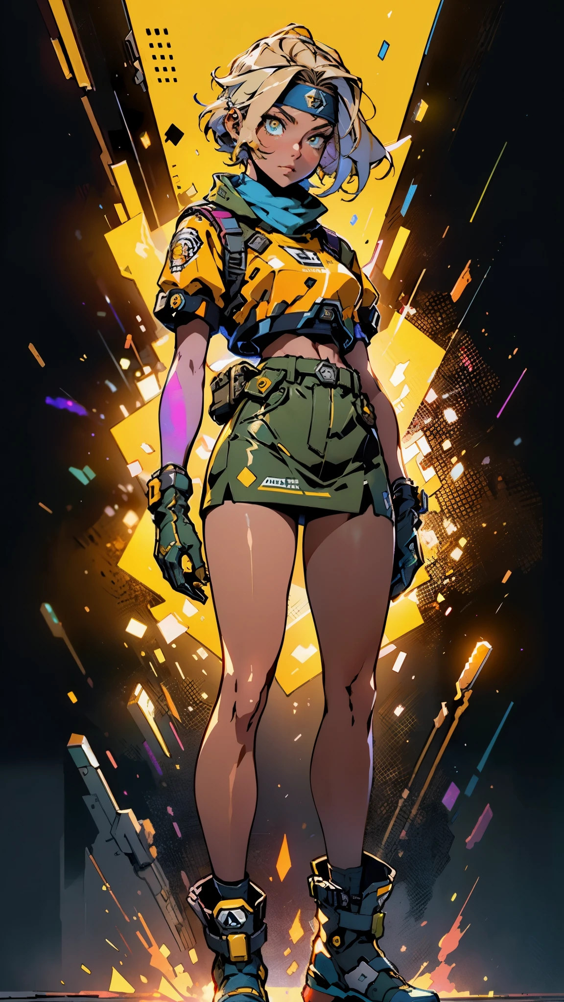 A girl with short light golden hair, a metal headband on her forehead, an icy gaze, a detached expression, a smooth and exquisite facial appearance, a sci-fi military uniform, white as the main color, complemented by blue and yellow accents, short sleeves, gloves, short skirt integrated with the outfit, dark fitted pants, knee-high military boots, standing in a futuristic sci-fi-styled room, Surrounded by AR virtual interfaces, this character embodies a finely crafted a futuristic sci-fi female officer in anime style, exquisite and mature manga art style, high definition, best quality, highres, ultra-detailed, ultra-fine painting, extremely delicate, professional, anatomically correct, symmetrical face, extremely detailed eyes and face, high quality eyes, creativity, RAW photo, UHD, 8k, Natural light, cinematic lighting, masterpiece-anatomy-perfect, masterpiece:1.5
