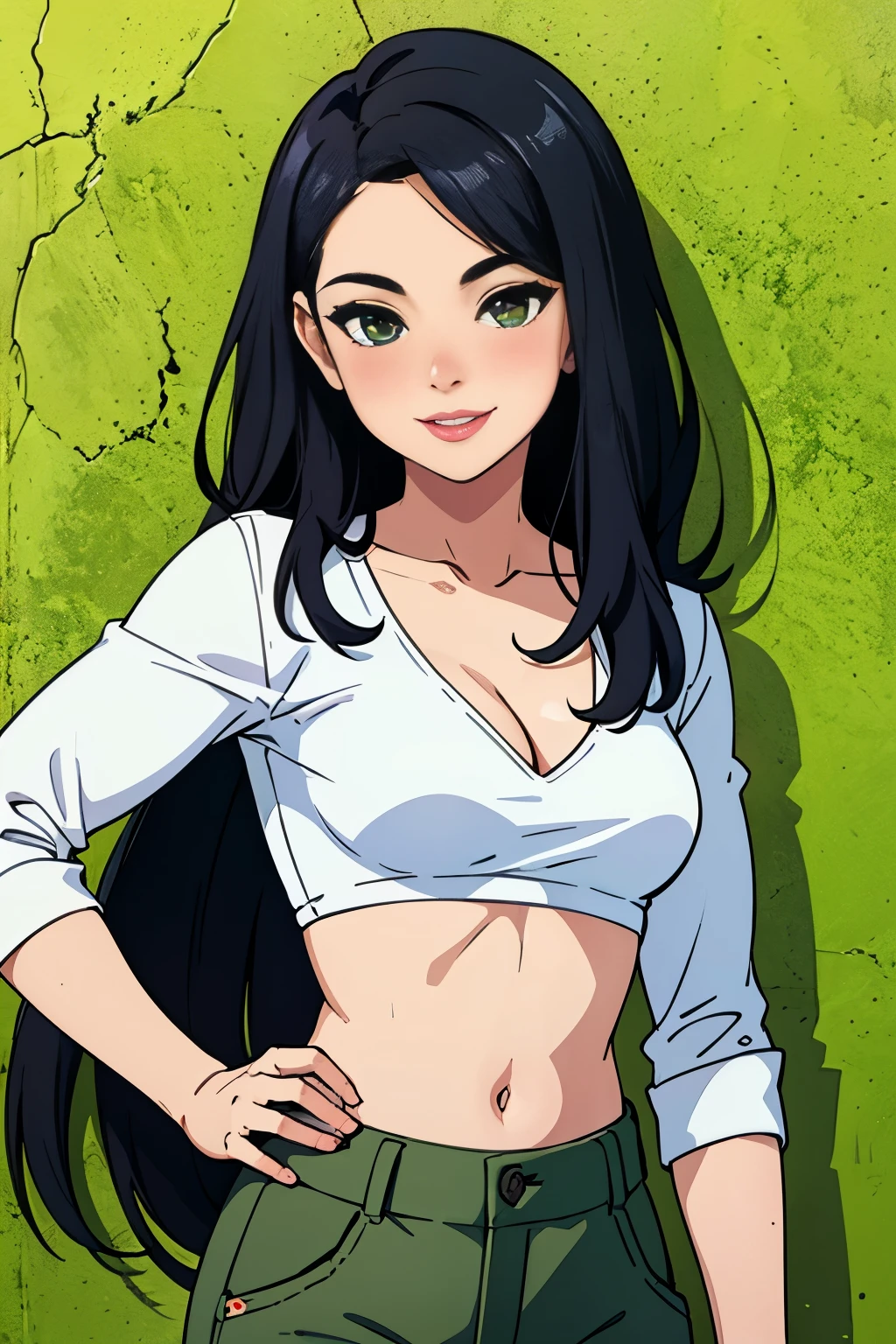 Amazing portrait of a sexy woman wearing her long straight luscious black hair, seductively gazing and smiling, soft lips, parted, blushing intensely, smiling, olive green crop top, white cargo pants, white shirt, medium chest, cleavage, perfect body