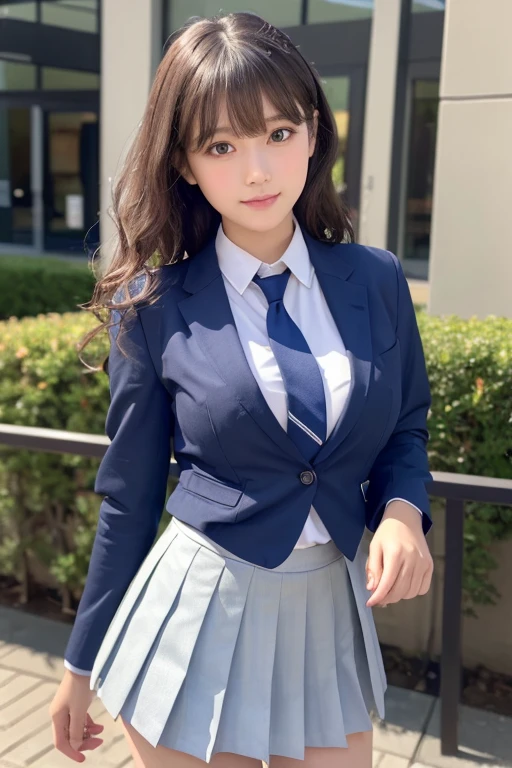 8K, highest quality, real image, intricate details, super detailed, Super high resolution, depth field,(realistic,realistic:1.2), Frontal shot , From the middle , 1 girl, Eye_Chan, very beautiful 17 year old girl, innocent big eyes,、beautiful breasts:1.5、(highly detailed eyes:1.2)、(beautiful breasts:1.1)、wavy hair、curly hair、bangs、, perfect skin, Fair skin, cleavage, tight waist, light blush, alone, looking at the viewer, light smile、((School_uniform),(dark blue blazer), (white shirt、Wearing a tie), (gray pleated skirt), (sculpture installation :1.1)、The hem of the shirt is inside the skirt、Station Square