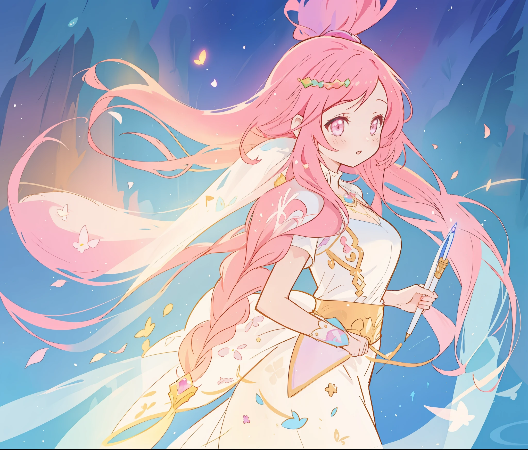 beautiful girl in white arabian style dress, long colorful pink hair, watercolor illustration, inspired by Glen Keane, inspired by Lois van Baarle, disney art style, by Lois van Baarle, glowing aura around her, by Glen Keane, jen bartel, glowing lights! digital painting, flowing glowing hair, glowing flowing hair, beautiful digital illustration, fantasia otherworldly landscape plants flowers, beautiful, masterpiece, best quality, anime disney style