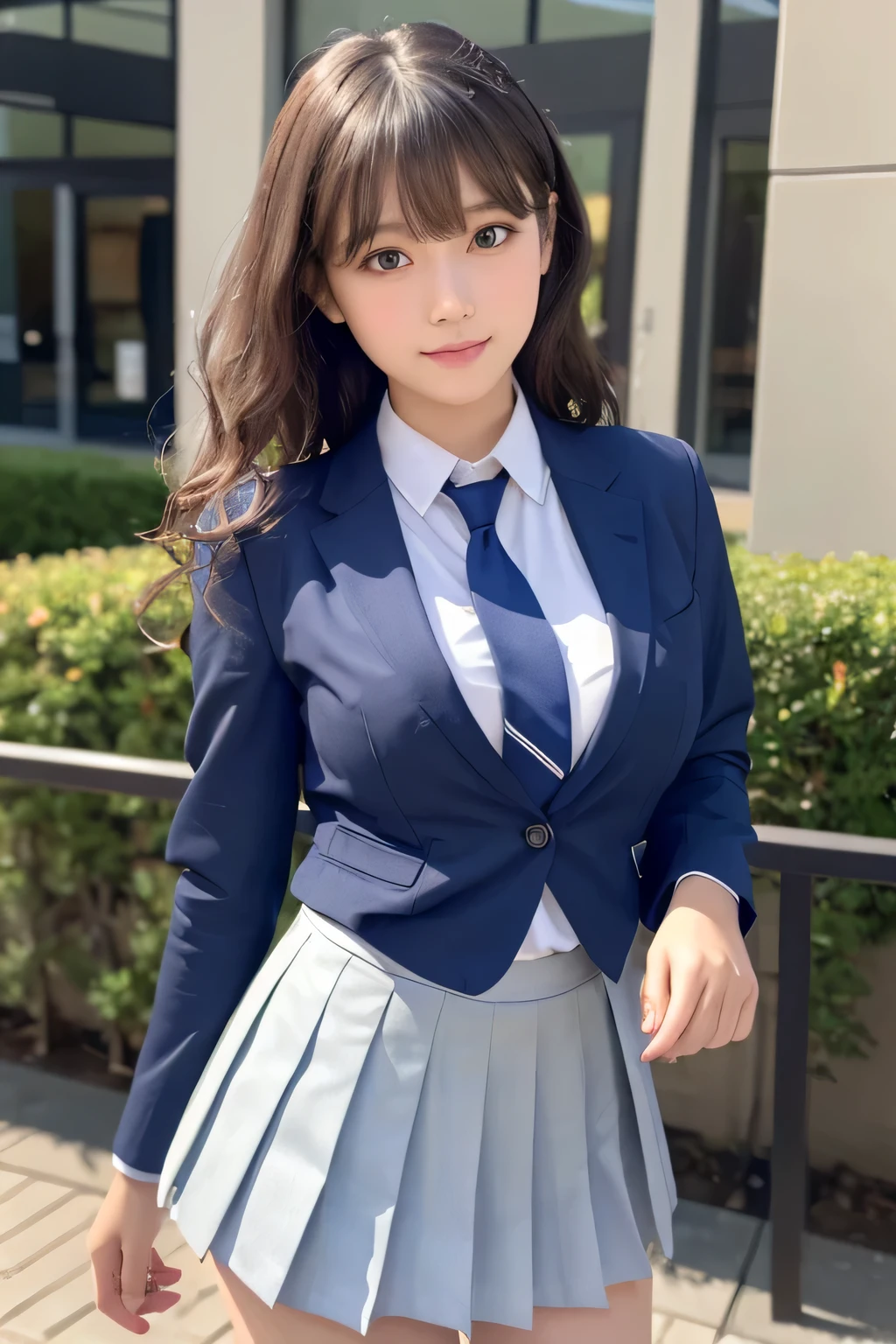 8K, highest quality, real image, intricate details, Super detailed, ultra high resolution, depth field,(realistic,realistic:1.2), frontal shot , From the middle , 1 girl, eye_Chan, very beautiful 17 year old girl, innocent big eyes,、beautiful breasts:1.5、(非常に詳細なeye:1.2)、(beautiful breasts:1.1)、wavy hair、curly hair、bangs、, perfect skin, Fair skin, cleavage, tight waist, light blush, alone, looking at the viewer, light smile、((School_uniform),(dark blue blazer), (white shirt、Wearing a tie), (gray pleated skirt), (sculpture installation :1.1)、The hem of the shirt is inside the skirt、Station Square