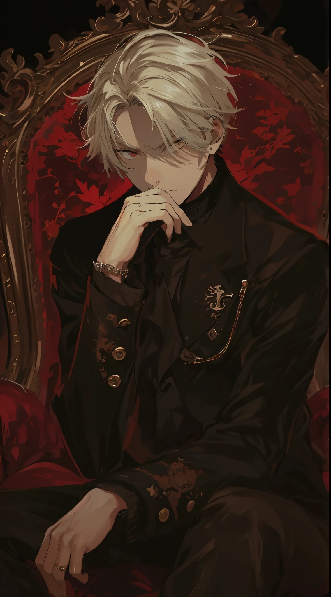 Young man, mirror, serious expression, slightly melancholic, blonde hair, short hair, soft texture, black jacket, raised collar, resting on one elbow, hand on chin, dark red velvet background, high quality, amount of drawing, pixiv illustration