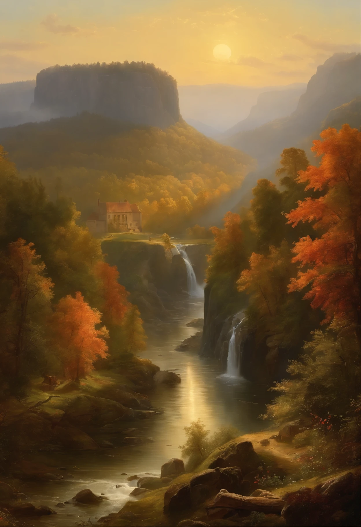 Painting of a river with a house and a waterfall in the middle, Romantic landscape of Saxon Switzerland, inspiriert von Carl Hilger, Albert Bierstadt 4 K, Romantik Landschaftsmalerei, Hudson River Schule, von August Friedrich Schenck, von Alexander Nasmyth, von Robert S. Duncanson, Alpine landscape with hut, by Joseph von Führich, Ludwig Richter Landschaft, warmes Herbstlicht, Licht und Schatten, Woman sitting at the foot of a tree in sunlight