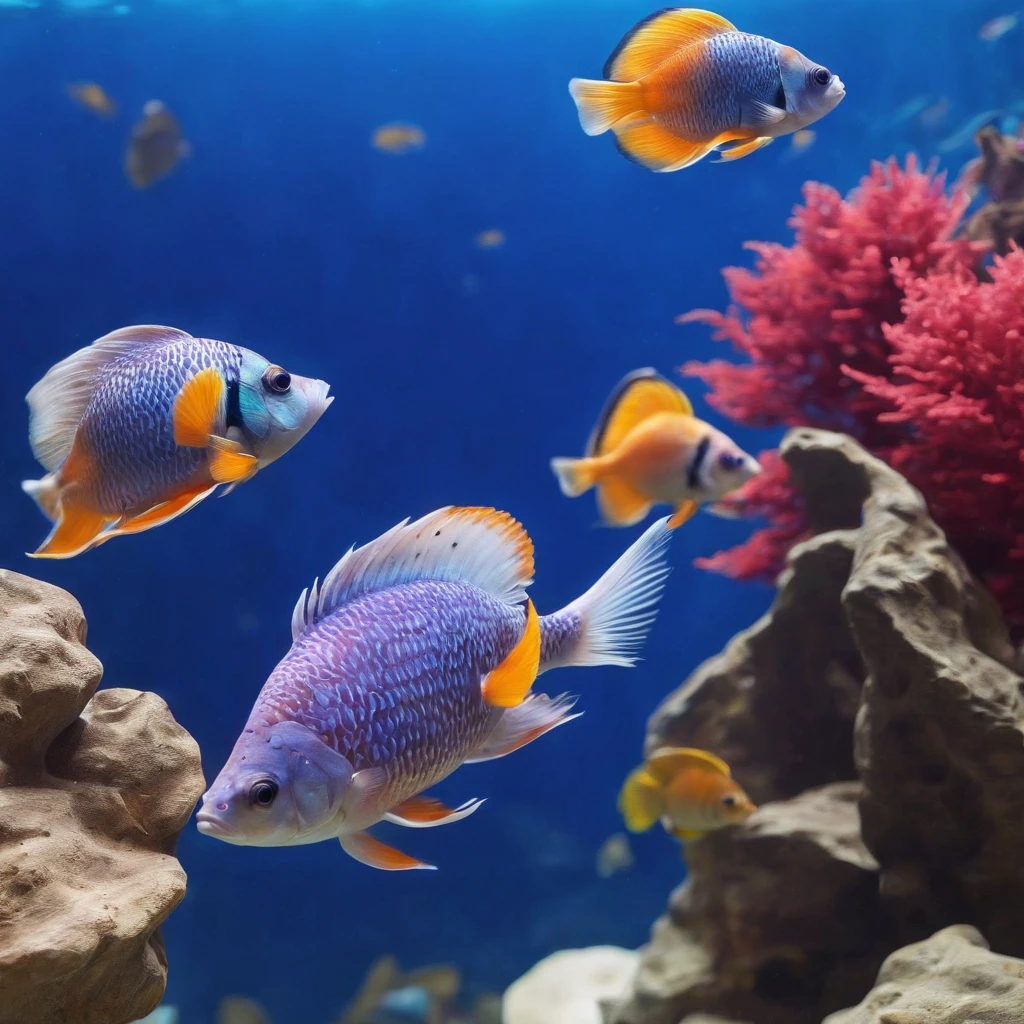 Aquarium, large fish tank, school of colorful fish, underwater landscape, aquarium, beautiful environment, trending photography, underwater world, fish swimming, underwater light, water surface.