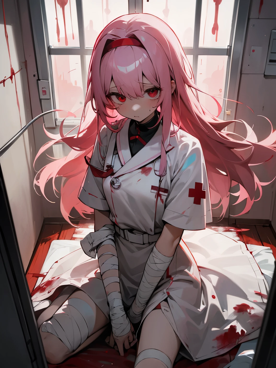 Blood droplets、blood、Internal organs、hospital、White and black nurse uniform、Bandages on both arms、Bandage on the leg、have a knife、cadaver、impatient face、be bothered、panic、hospitalの中、hospital room、desolation、window、pink hair、red eyes、long hair
