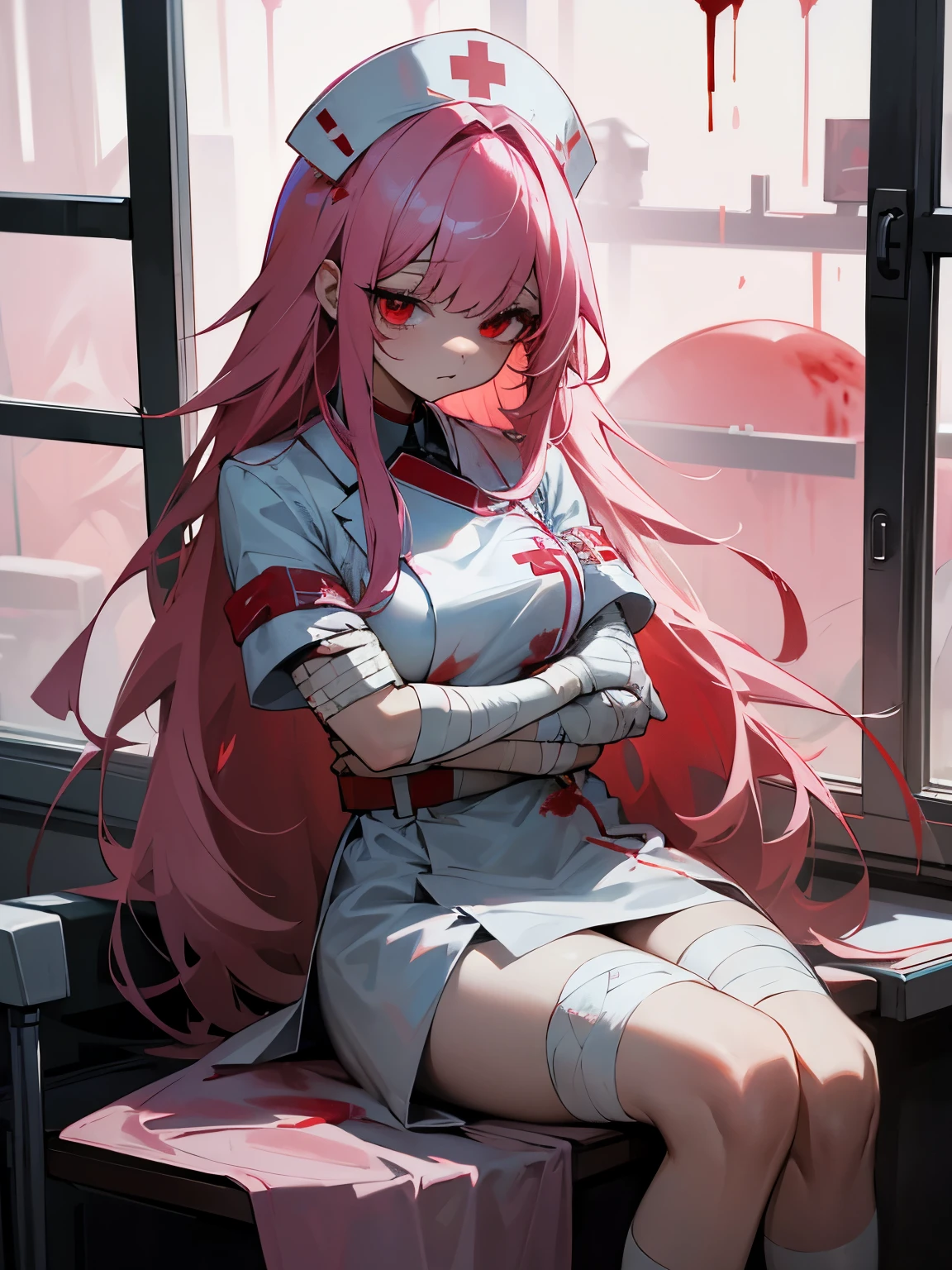 Blood droplets、blood、Internal organs、hospital、White and black nurse uniform、Bandages on both arms、Bandage on the leg、have a knife、cadaver、impatient face、be bothered、panic、hospitalの中、hospital room、desolation、window、pink hair、red eyes、long hair