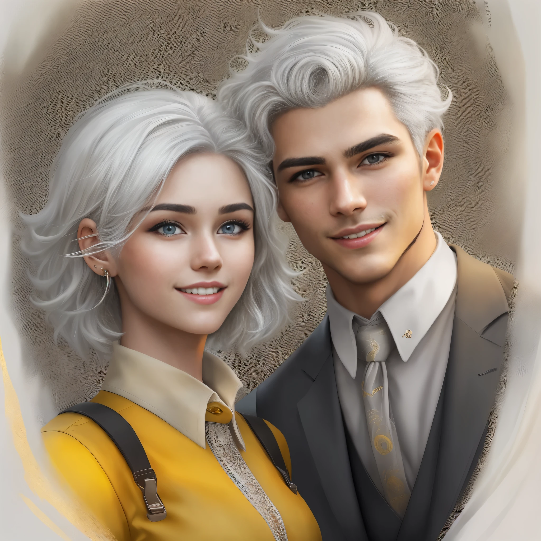   A fascinating realistic fantasy portrait (a duet of a guy and a girl) of a charismatic young man aged 26 with light gray (white) hair that radically emphasizes his charming smile and cheerful look. His short haircut gives a playful touch, as strands of hair stick out in different directions on his head. His piercing gaze is accentuated by the yellow shade of his eyes, radiating an aura of intensity and concentration and a young girl aged 23 with light gray (white) hair, which radically emphasizes her charming smile and cheerful look. Her short haircut adds a playful touch as strands of hair fall in curls on her head. Her piercing gaze is accentuated by the yellow shade of her eyes, radiating an aura. The guy is dressed in a strict three-piece suit consisting of a jacket and trousers. The girl is wearing a tight-fitting dress. The portrait remains crisp and dynamic, achieving an absolutely stunning level of detail at resolution.     The portrait remains crisp and dynamic, achieving an absolutely stunning level of detail at 8k resolution.