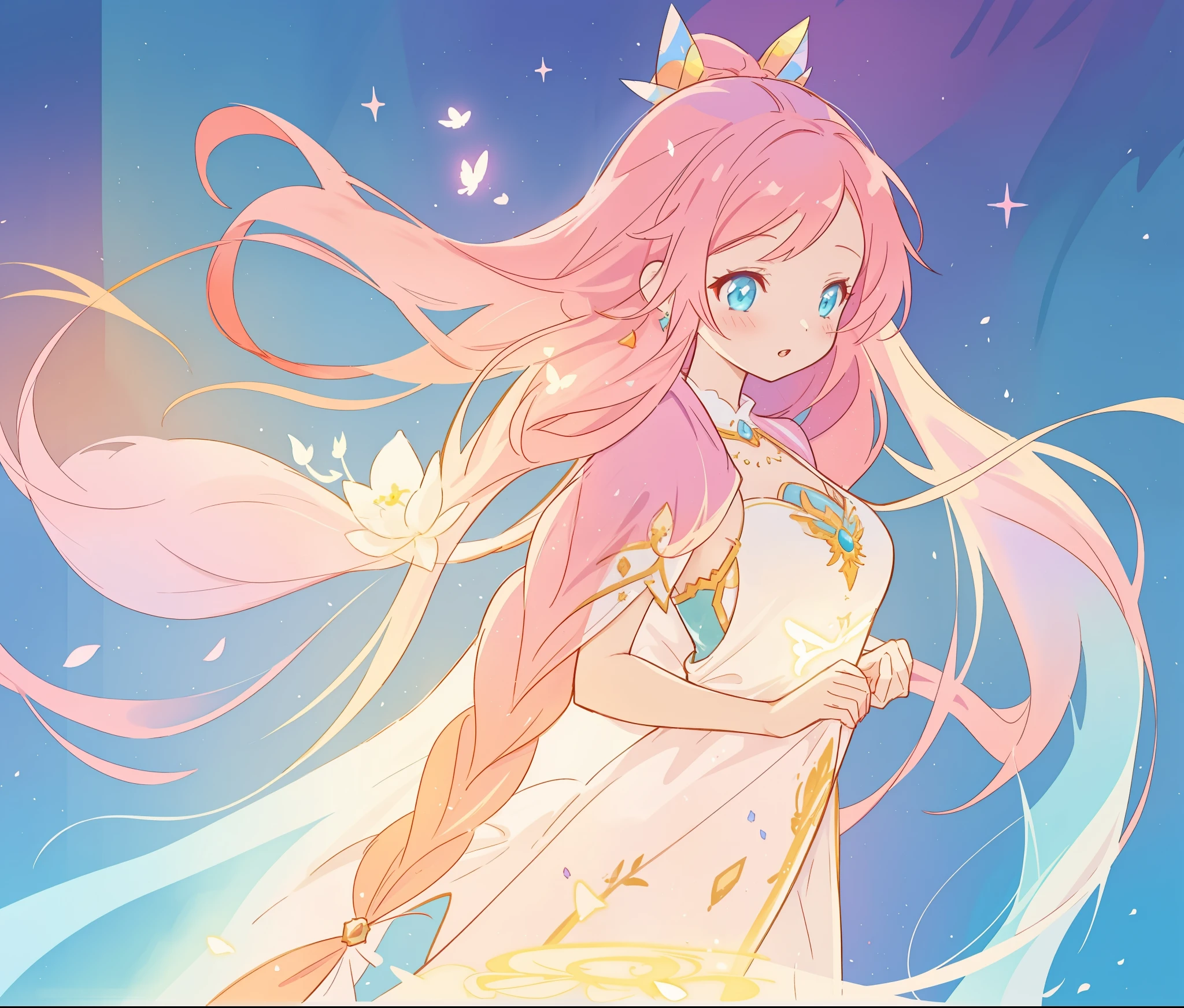 beautiful girl in white arabian style dress, long colorful pink hair, watercolor illustration, inspired by Glen Keane, inspired by Lois van Baarle, disney art style, by Lois van Baarle, glowing aura around her, by Glen Keane, jen bartel, glowing lights! digital painting, flowing glowing hair, glowing flowing hair, beautiful digital illustration, fantasia otherworldly landscape plants flowers, beautiful, masterpiece, best quality, anime disney style