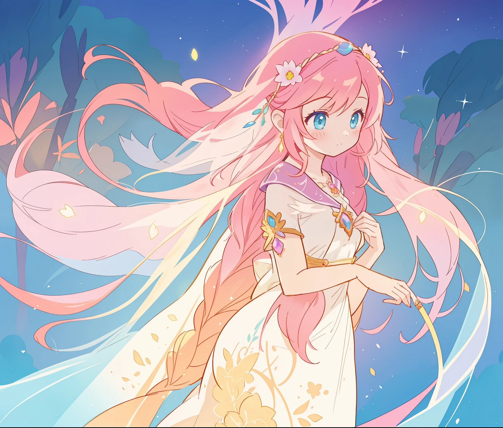beautiful girl in white arabian style dress, long colorful pink hair, watercolor illustration, inspired by Glen Keane, inspired by Lois van Baarle, disney art style, by Lois van Baarle, glowing aura around her, by Glen Keane, jen bartel, glowing lights! digital painting, flowing glowing hair, glowing flowing hair, beautiful digital illustration, fantasia otherworldly landscape plants flowers, beautiful, masterpiece, best quality, anime disney style