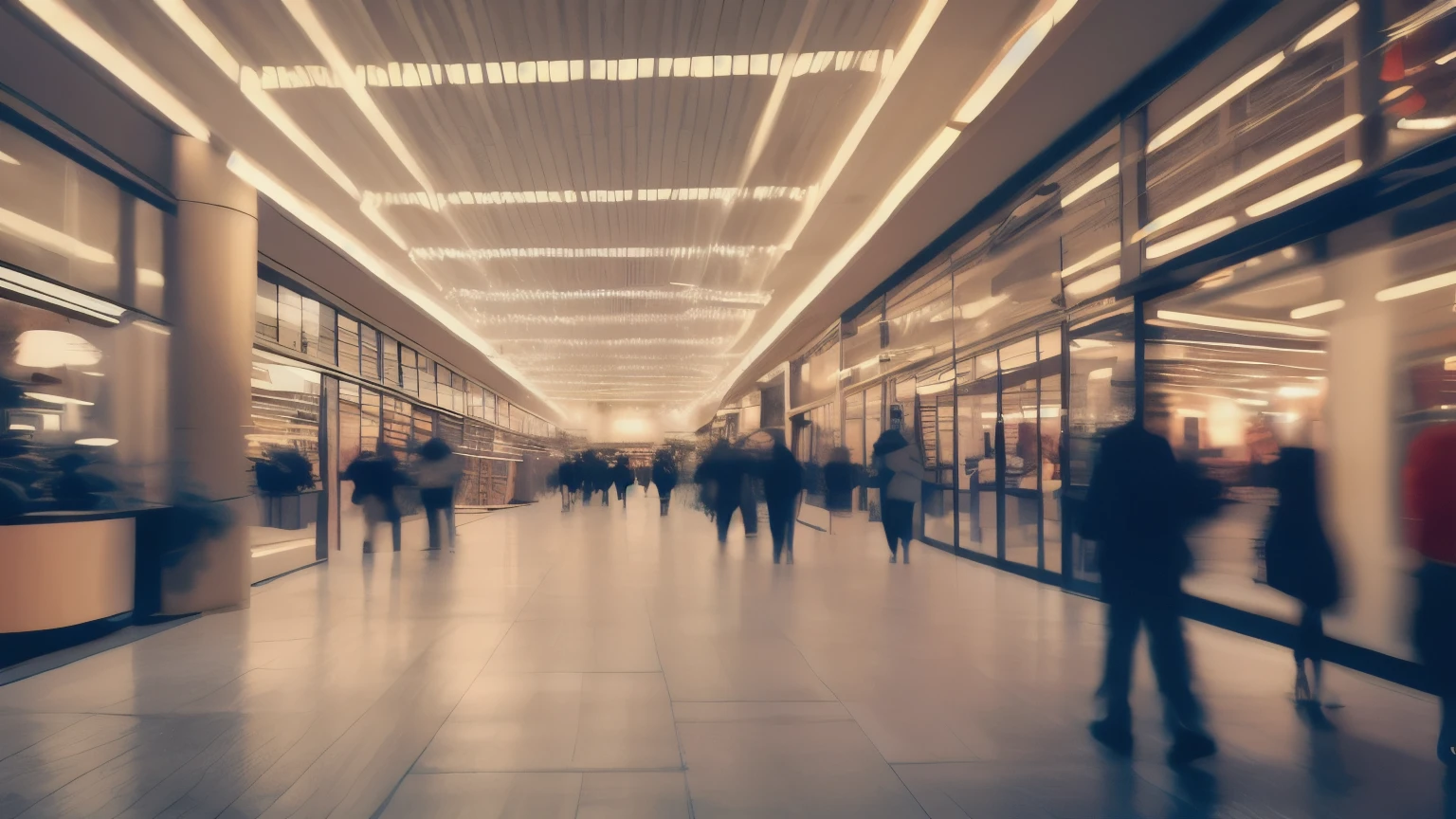 Abstract blur shopping mall corridor. Blurred retail and hall interior in department store. Defocused bokeh effect background or backdrop for business concept
