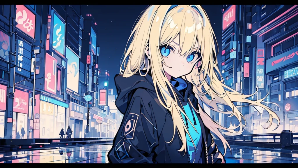 (1 girl, blonde hair, blue eyes, black hoodie, kawaii), (black sports car), (blue cyberpunk, night city, blue neon), (low contrast, flat color, limited palette)