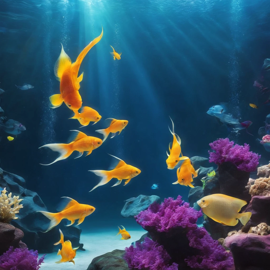 Aquarium, inside a large tank, silhouette of a school of fish, underwater landscape, aquarium, beautiful environment, trend photography, underwater world, fish swimming, underwater light, water surface.