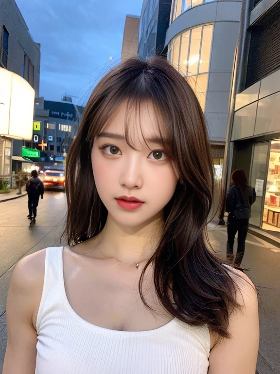 ((realistic lighting, highest quality, 8K, masterpiece: 1.3)), clear focus: 1.2, 1 girl, perfect figure: 1.4, slim abs: 1.1, ((dark brown hair)), (white crop top: 1.4), (outdoor, night: 1.1), street, super fine face, fine eyes, double eyelid,