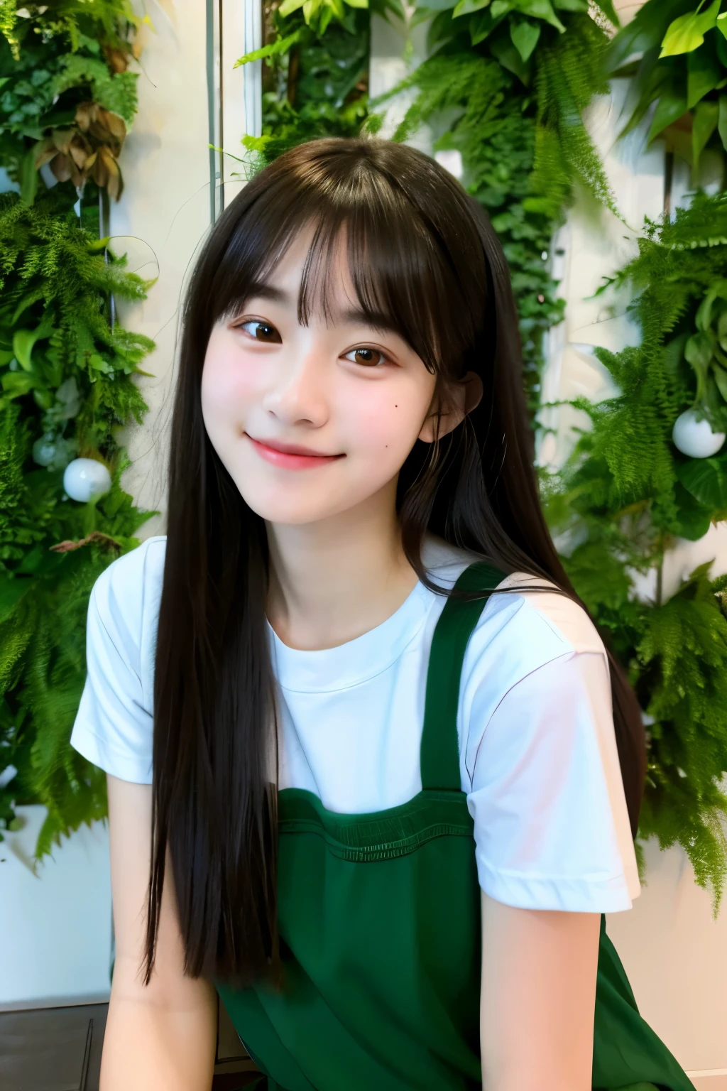 Masterpiece、best quality、RAW Photo、HDR、UHD、1girl、soft smile、 yo、green wall 、realistic lighting、selfie、black long hair、white T-shirt、front bangs、、、、、、、、、