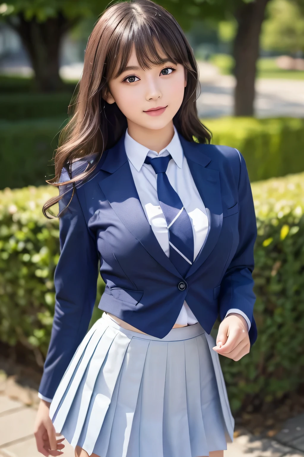 8K, highest quality, real image, intricate details, Super detailed, ultra high resolution, depth field,(realistic,realistic:1.2), frontal shot , From the middle , 1 girl, eye_Chan, very beautiful 17 year old girl, innocent big eyes,、beautiful breasts:1.5、(非常に詳細なeye:1.2)、(beautiful breasts:1.1)、wavy hair、curly hair、bangs、, perfect skin, Fair skin, cleavage, tight waist, light blush, alone, looking at the viewer, light smile、((School_uniform),(dark blue blazer), (white shirt、Wearing a tie), (gray pleated skirt), (sculpture installation :1.1)、The hem of the shirt is inside the skirt、high school grounds