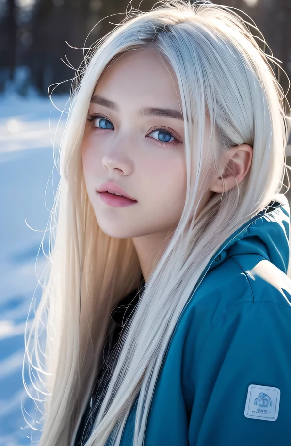 １４Caucasian model at the age, standing full body photo,（(Clean clothes)), wearing snowboarding clothes, Natural light, Pretty Caucasian Woman, white hair, A sloppy smile, (8K, Live shooting, highest quality, masterpiece: 1.2), masterpiece, super detail, , High-definition RAW color photo, , , , , , highly detailed eyes, realistic skin texture, highly detailed fingers, very detailed nose, highly detailed mouth, , Photo above the knee, , See-through feeling、Transparent processing、Wearing snowboarding clothing、, White hair, Blue eyes, masterpiece, realistic skin texture, , shiny hair and white skin, 、 natural skin texture,  A young woman who looks like a girl,  Photo above the knee、Blue eyes,  、lowered eyebrows,  innocent face,  Eyes that look gentle,  natural skin texture, round face,  Kind eyes, long and pure white beautiful hair、, small face,  No decorations attached,  white, drooping eyebrows,  Mont Blanc, white, drooping eyebrows、Eyes with sparkle、Both eyes are the same shape and size