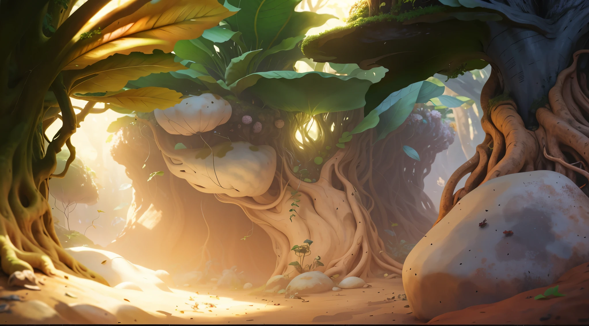 Realistic，Microcosm，big leafs，root system，earthy，earthy地面。