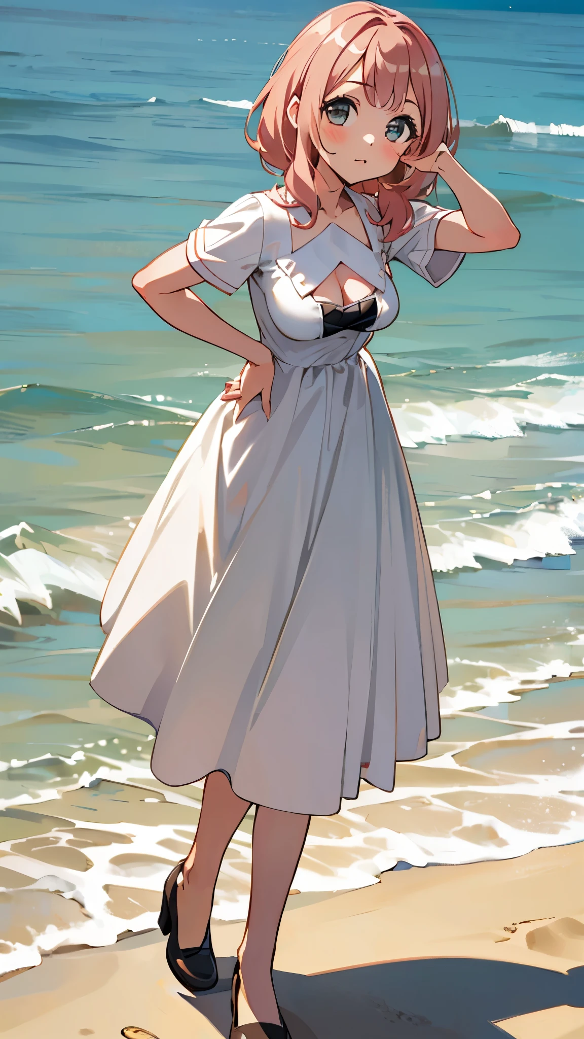 ((masterpiece, best quality)),very detailed, simple eyes, ((((outdoors,standing)))),(((medium breasts))),himari uehara, 1girl, (((dress))), (((beach))), (((pose from up))),