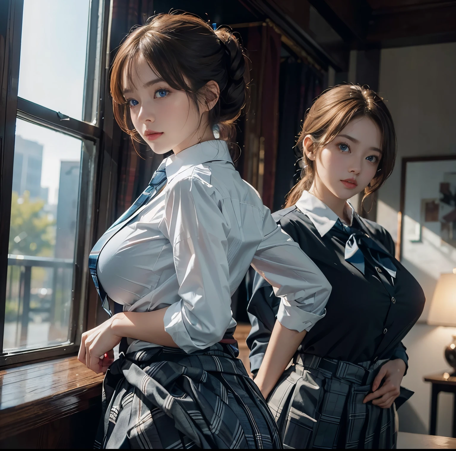 Highest image quality、8K quality、masterpiece、professional writing、（two women are standing facing each other：1.2）、（Super big breasts compressed with clothes：1.3）、Whitening skin、Shining blue eyes、（A tight pure white shirt that completely covers her huge breasts:1.4)、Crimson Ribbon Tie、Amazingly short super mini pleated tartan check skirt、(The upper body is hidden by the shirt and no skin is visible.:1.5)、(constricted waist:1.2)、above the knee、Skirtliftv1、(ass:1.3)