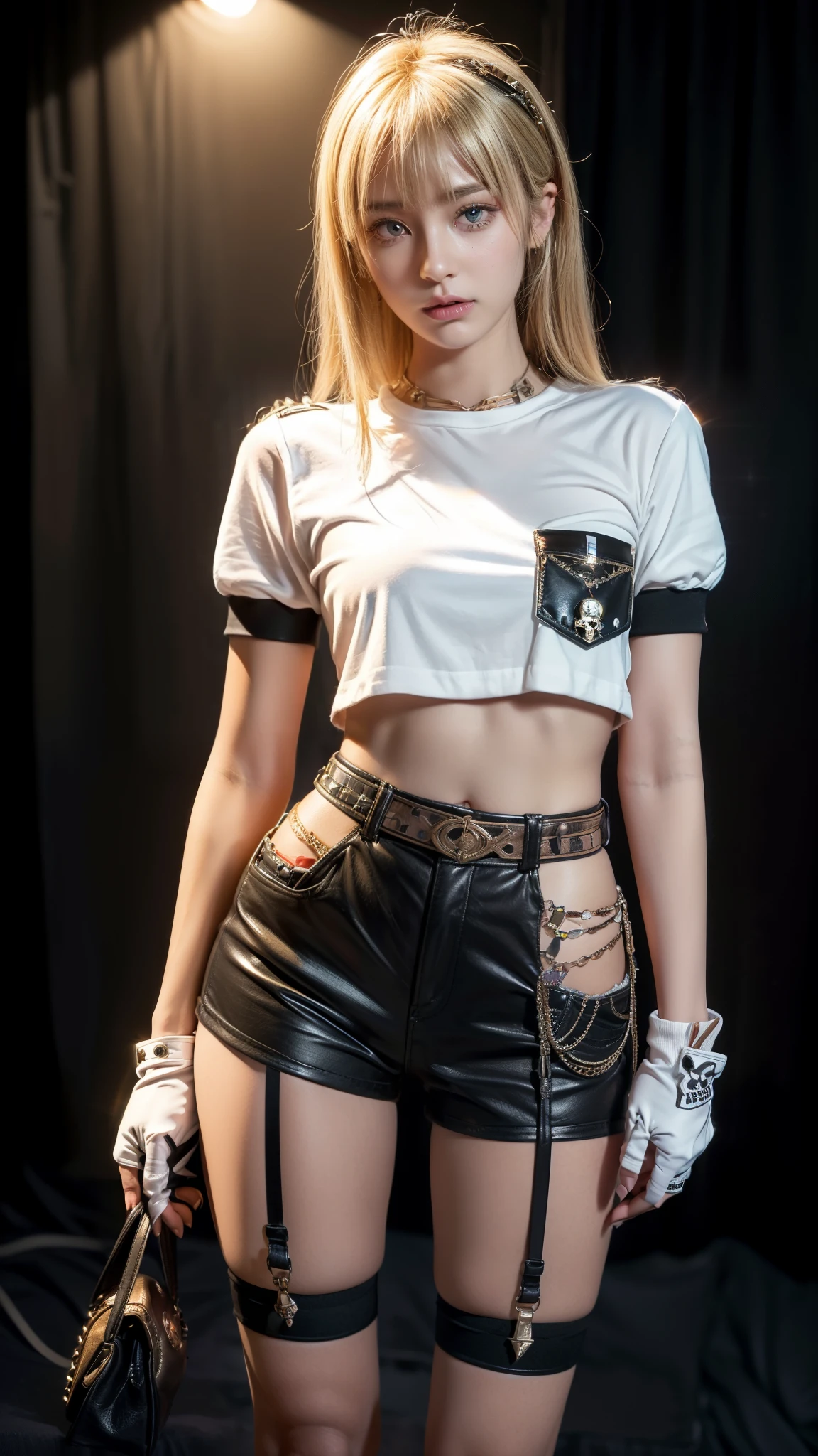 (super detailed eyes), (((Textile shading))), (((best quality))), (((on the table))), (((Super detailed CG))), fashionable girl, (((magic ))), (), (small breasts), Long blonde hair with bangs, Weird haircuts, ((Gorgeous hair)), pink eyes, (((Skeleton style, see school. Hockey mesh short T-shirt, Black irregular hem suspender skirt, Millennium bug))), ((strike a pose)), (((Game CG)) (Gorgeous, fashionable, it girls), Fine jewelry, Full LED background, Sparkling LEDs on the background, Vintage lights, hip hop atmosphere, Backlight LED, Retro LED lamp, Magic disco light LED, Strong atmosphere of the 80s,, cowboy shooting, medium shot, centered image, Keep your eyes on the camera, Look head-on