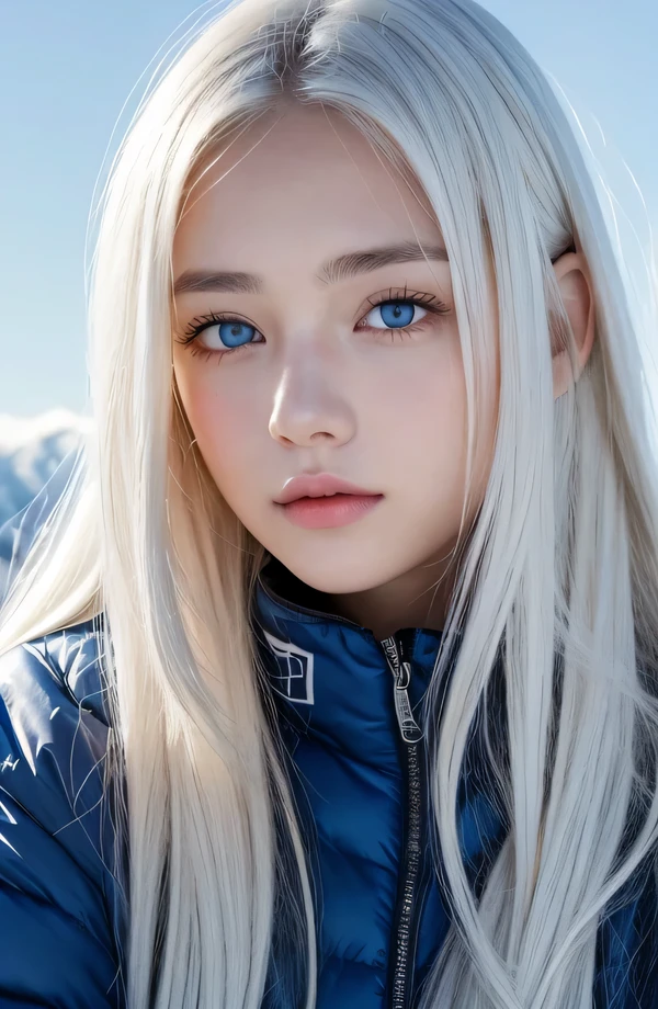 １４Caucasian model at the age, standing full body photo,（(Clean clothes)), wearing snowboarding clothes, Natural light, Pretty Caucasian Woman, white hair, A sloppy smile, (8K, Live shooting, highest quality, masterpiece: 1.2), masterpiece, super detail, , High-definition RAW color photo, , , , , , highly detailed eyes, realistic skin texture, highly detailed fingers, very detailed nose, highly detailed mouth, , Photo above the knee, , See-through feeling、Transparent processing、Wearing snowboarding clothing、, White hair, Blue eyes, masterpiece, realistic skin texture, , shiny hair and white skin, 、 natural skin texture,  A young woman who looks like a girl,  Photo above the knee、Blue eyes,  、lowered eyebrows,  innocent face,  Eyes that look gentle,  natural skin texture, round face,  Kind eyes, long and pure white beautiful hair、, small face,  No decorations attached,  white, drooping eyebrows,  Mont Blanc, white, drooping eyebrows、Eyes with sparkle、Both eyes are the same shape and size