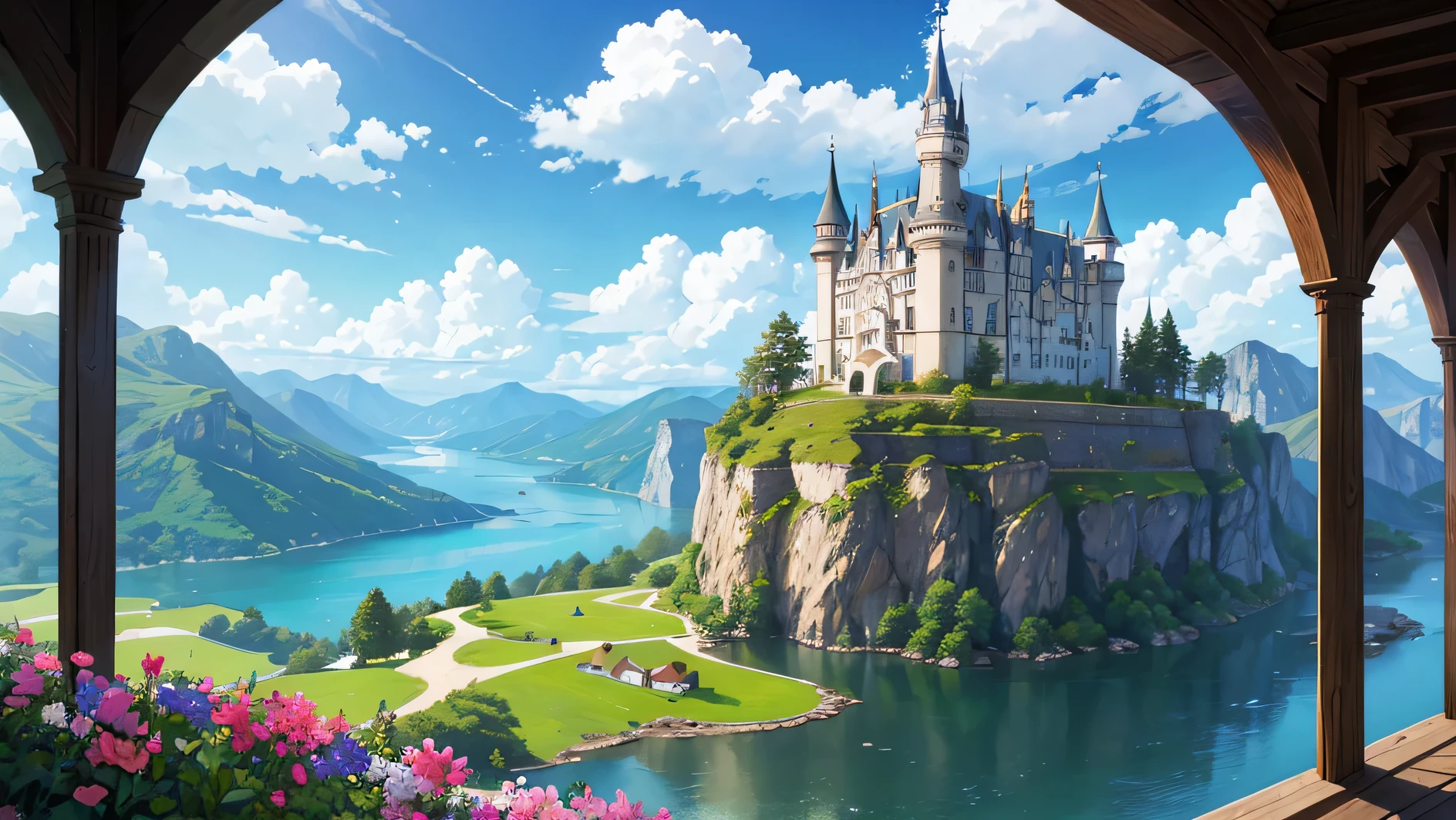 a huge castle bridgerton in a valley 10 in the morning, a lake of water, flowers and beautiful sky with clouds