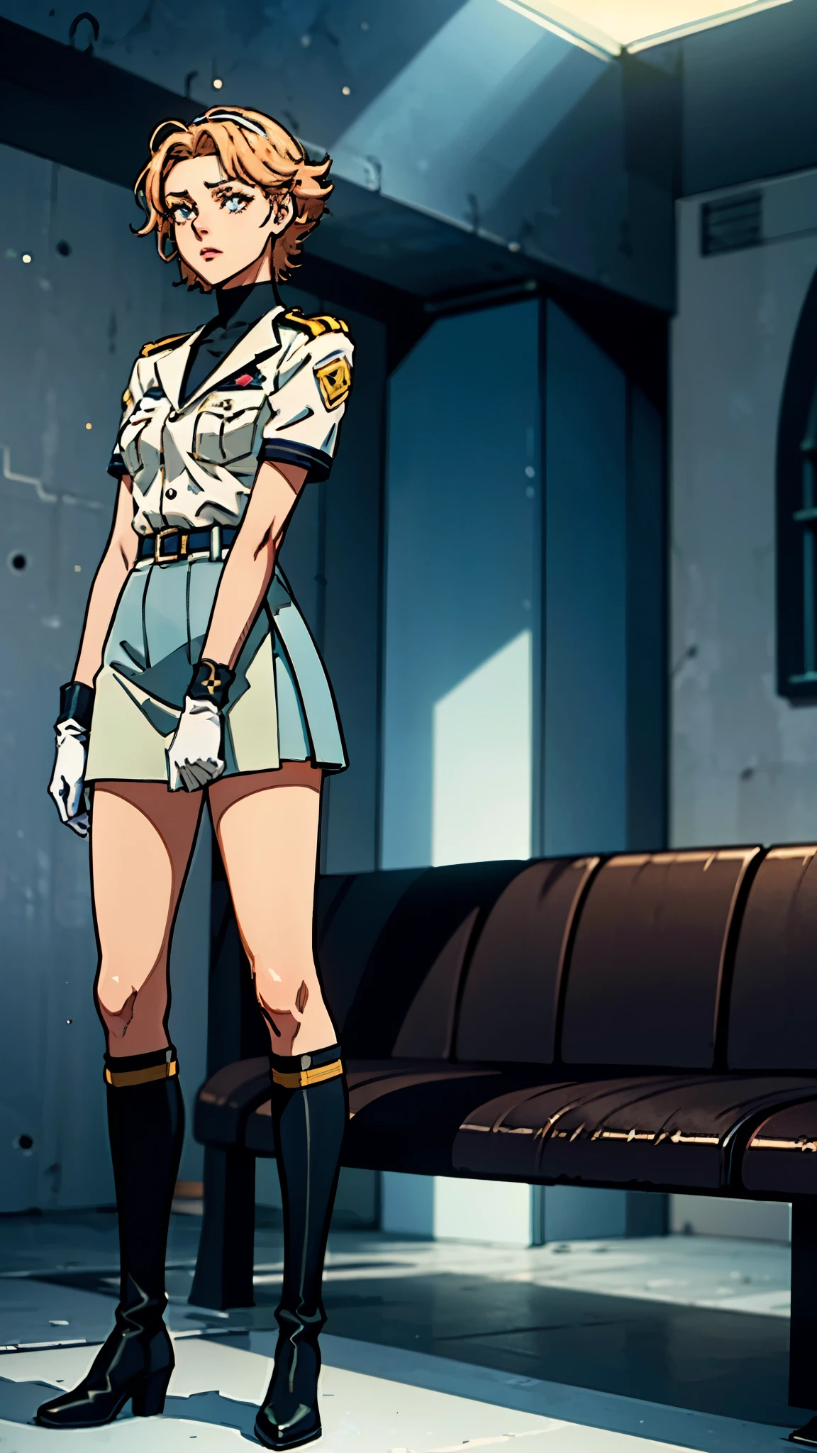 A girl with short light golden hair, a metal headband on her forehead, an icy gaze, a detached expression, a smooth and exquisite facial appearance, a sci-fi military uniform, white as the main color, complemented by blue and yellow accents, short sleeves, gloves, short skirt integrated with the outfit, dark fitted pants, knee-high military boots, standing in a futuristic sci-fi-styled room, Surrounded by AR virtual interfaces, this character embodies a finely crafted a futuristic sci-fi female officer in anime style, exquisite and mature manga art style, high definition, best quality, highres, ultra-detailed, ultra-fine painting, extremely delicate, professional, anatomically correct, symmetrical face, extremely detailed eyes and face, high quality eyes, creativity, RAW photo, UHD, 8k, Natural light, cinematic lighting, masterpiece-anatomy-perfect, masterpiece:1.5