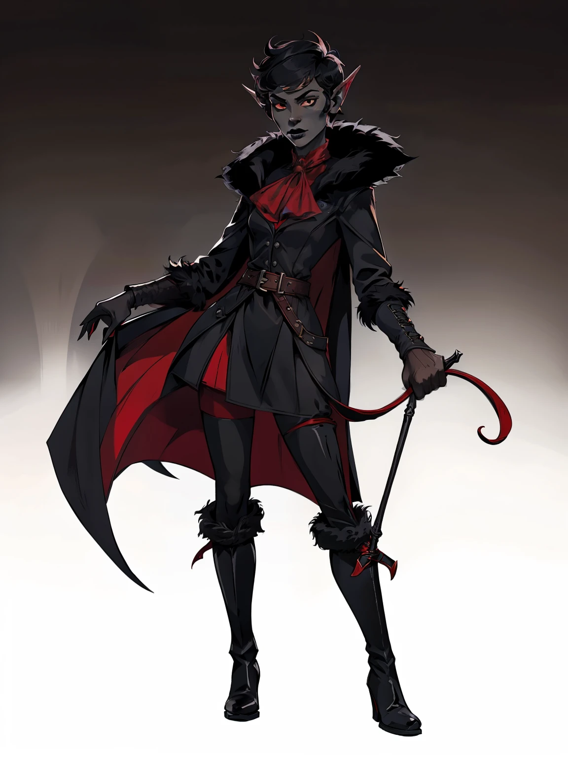 vector, full body portrait, 1girl, short hair, pixie cut, combed hair, forehead, drow, black lipstick, fur coat, red high-collared shirt, ascot, high collar, red undercoat, solo, blank background, white background, outside, gothic fantasy art, long ears, pointy ears, high laced boots, bullwhip, flat-chested, riding crop strap, bullwhip