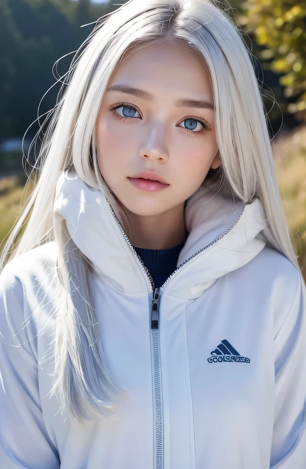 14Caucasian model at the age, standing full body photo,((Clean clothes)), wearing snowboarding clothes, Natural light, Pretty Caucasian Woman, white hair, A sloppy smile, (8K, Live shooting, highest quality, masterpiece: 1.2), masterpiece, super detail, , High-definition RAW color photo, , , , , , highly detailed eyes, realistic skin texture, highly detailed fingers, very detailed nose, highly detailed mouth, , Photo above the knee, , See-through feeling、Transparent processing、Wearing snowboarding clothing、, White hair, Blue eyes, masterpiece, realistic skin texture, , shiny hair and white skin, 、 natural skin texture, A young woman who looks like a girl, Photo above the knee、Blue eyes, 、lowered eyebrows, innocent face, Eyes that look gentle, natural skin texture, round face, Kind eyes, long and pure white beautiful hair、, small face, No decorations attached, white, drooping eyebrows, Mont Blanc, white, drooping eyebrows、Eyes with sparkle、Both eyes are the same shape and size