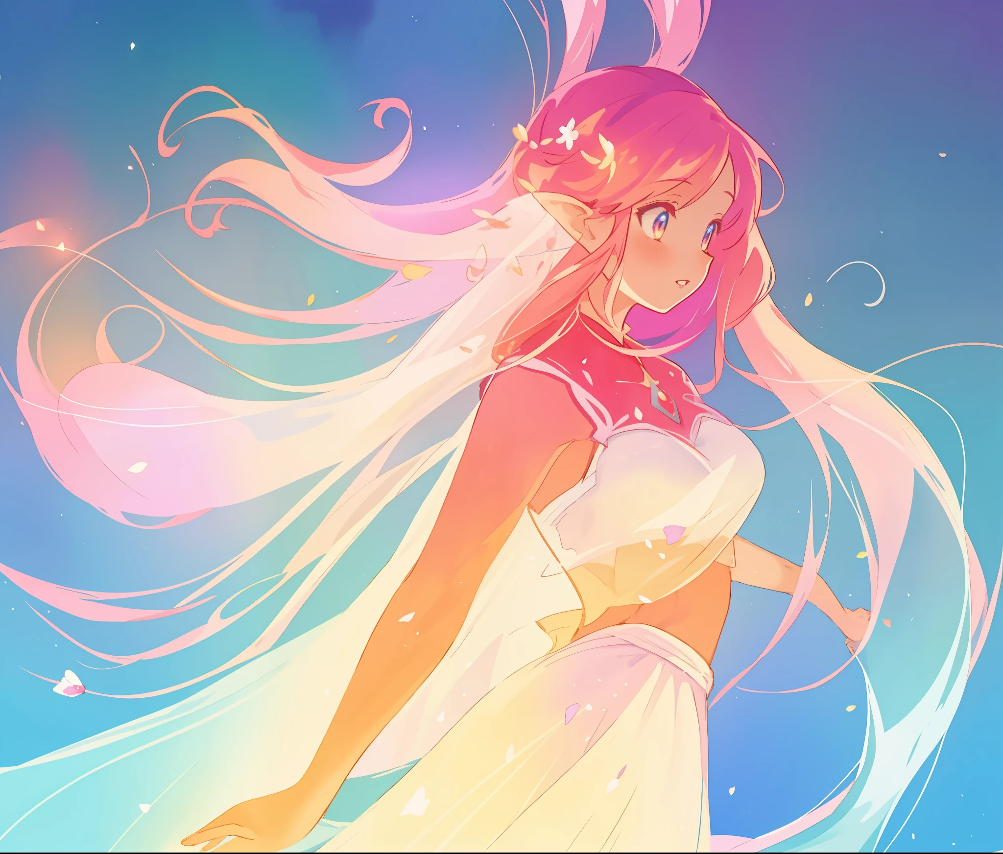 beautiful girl in white arabian style dress, long colorful pink hair, watercolor illustration, inspired by Glen Keane, inspired by Lois van Baarle, disney art style, by Lois van Baarle, glowing aura around her, by Glen Keane, jen bartel, glowing lights! digital painting, flowing glowing hair, glowing flowing hair, beautiful digital illustration, fantasia otherworldly landscape plants flowers, beautiful, masterpiece, best quality, anime disney style