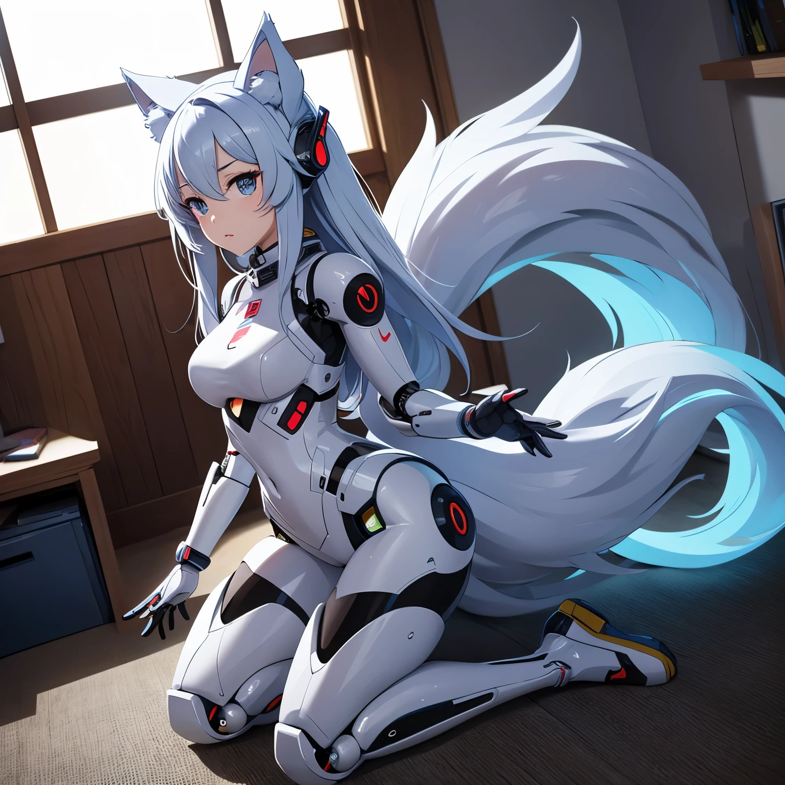 Anime image of a robot girl who has a robotic body, is in underwear and has wolf ears and a tail and is in a room