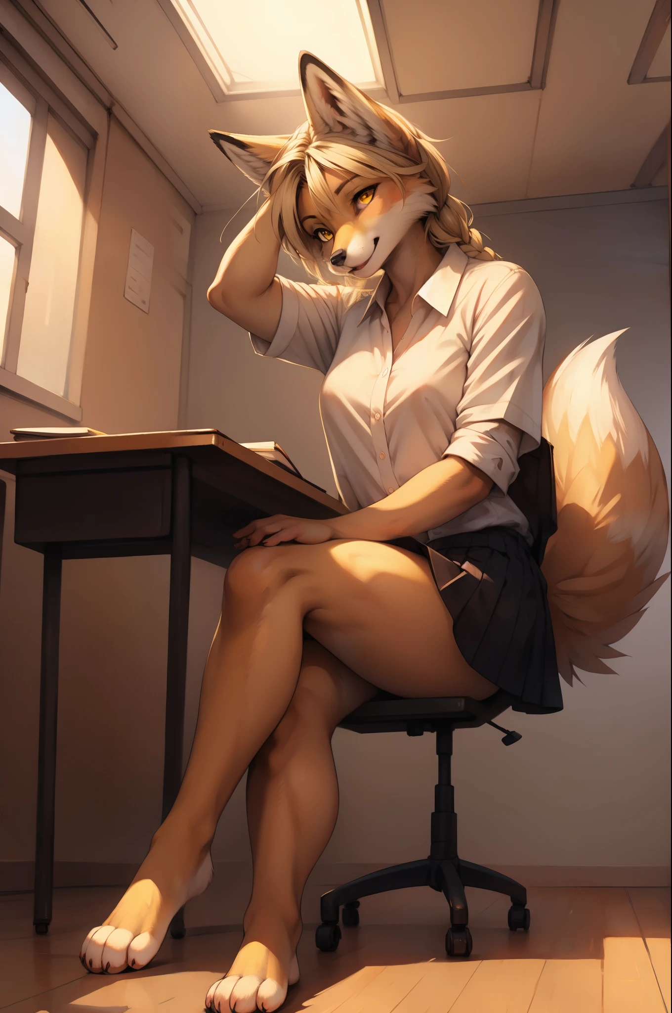 by kenket, by totesfleisch8, (by thebigslick, by silverfox5213:0.8), (by syuro:0.2), Kimiko, tan fox female, yellow eyes, tan fox ears, cute snout, fox tail, wearing school uniform in an empty classroom, sitting on a school desk, legs crossed, front view, barefoot, feet paws, 4 toes, shirt slightly unbuttoned revealing a pink bra, licking her lips