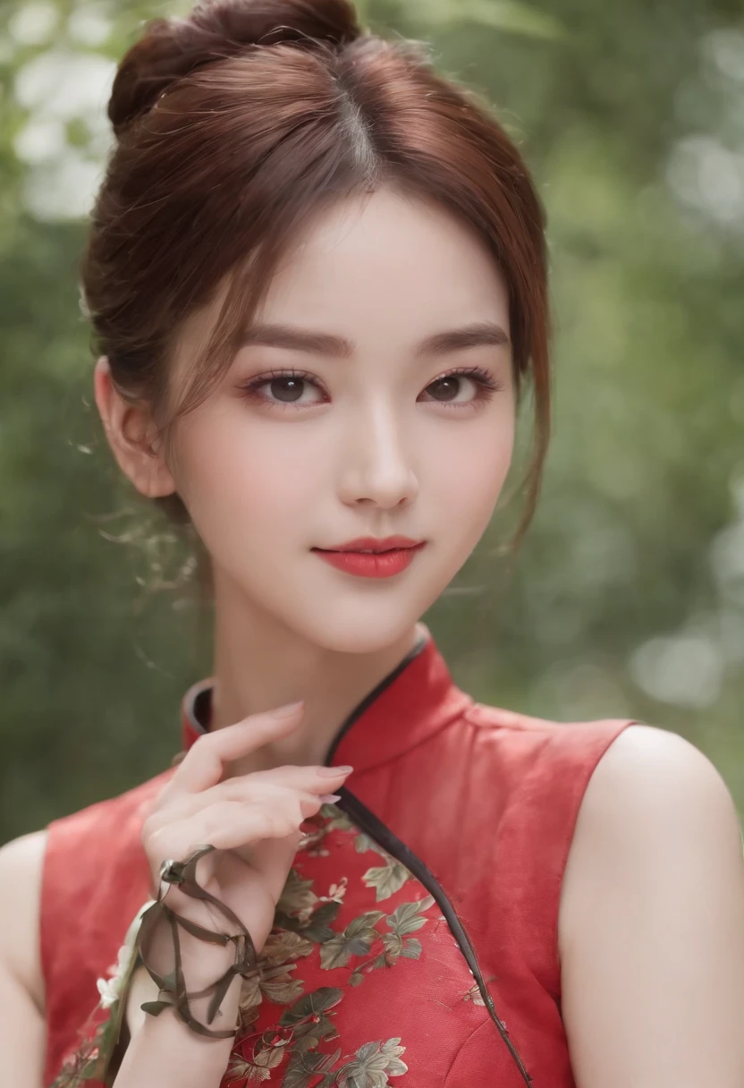 (Best quality,4K,high resolution), The cute illustrations are delicately expressed in realistic details,The girl works energetically,sharp eye,cheerful grin,brunette color hair,Red hair combed into a high bun,Chinese hair,Lively and interesting appearance,comic strip,anime big breast,Interesting illustrations with great care,Sleeveless sexy mini skirt cheongsam,Delicate red décor,Bring Chinese food,chinese restaurant background,Busy