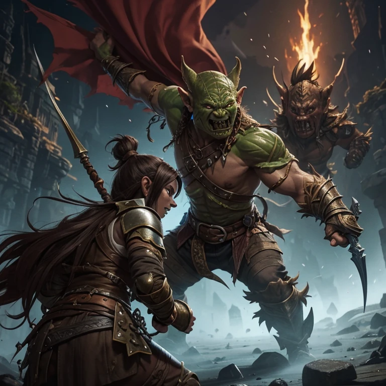 Fantasy dnd style goblin warrior female fighting the goblin chief, the goblen chief is a large brute with scars from past fights