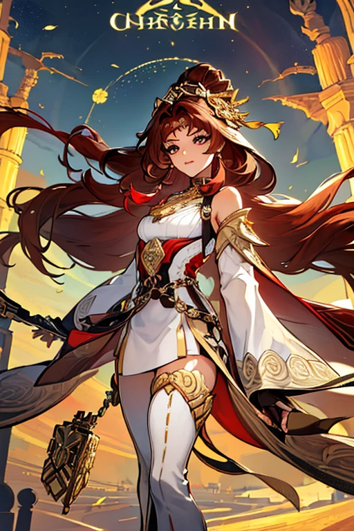 (Masterpiece: 1.5, best quality, high resolution: 1.3, super resolution, super detailed, ultra detailed: 1.3, rich background: 1.2, 1 woman)) brown skin + red hair + long fluffy hair + gray eyes + long eyelashes + no fringe + feminine body + defined figure + medium chest + wide hips + thick thighs (wide and long pants, sandals, intricate top, fabric hanging from her shoulder to her hip, weapons hanging from her hip, tribal accessories, intricate details, pyro vision hanging from a thick necklace) ((cheerful expression, holds her travel bag, standing on her two legs, solar lighting trees in the background, traveling scholar) (colors of clothing and accessories: white, black, red, cream, gold)