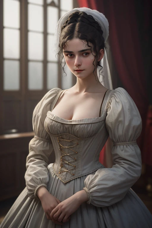 raw photo. Anna Karenina 22 years old, dressed in period clothing, Russia, 19th century AD, perspective, half body detail, sharp focus, slight blending, detail, feeling like it's medieval, (high skin detail: 1,2), 8k uhd, dslr, soft light, high quality, Fujifilm XT3 grainy films.