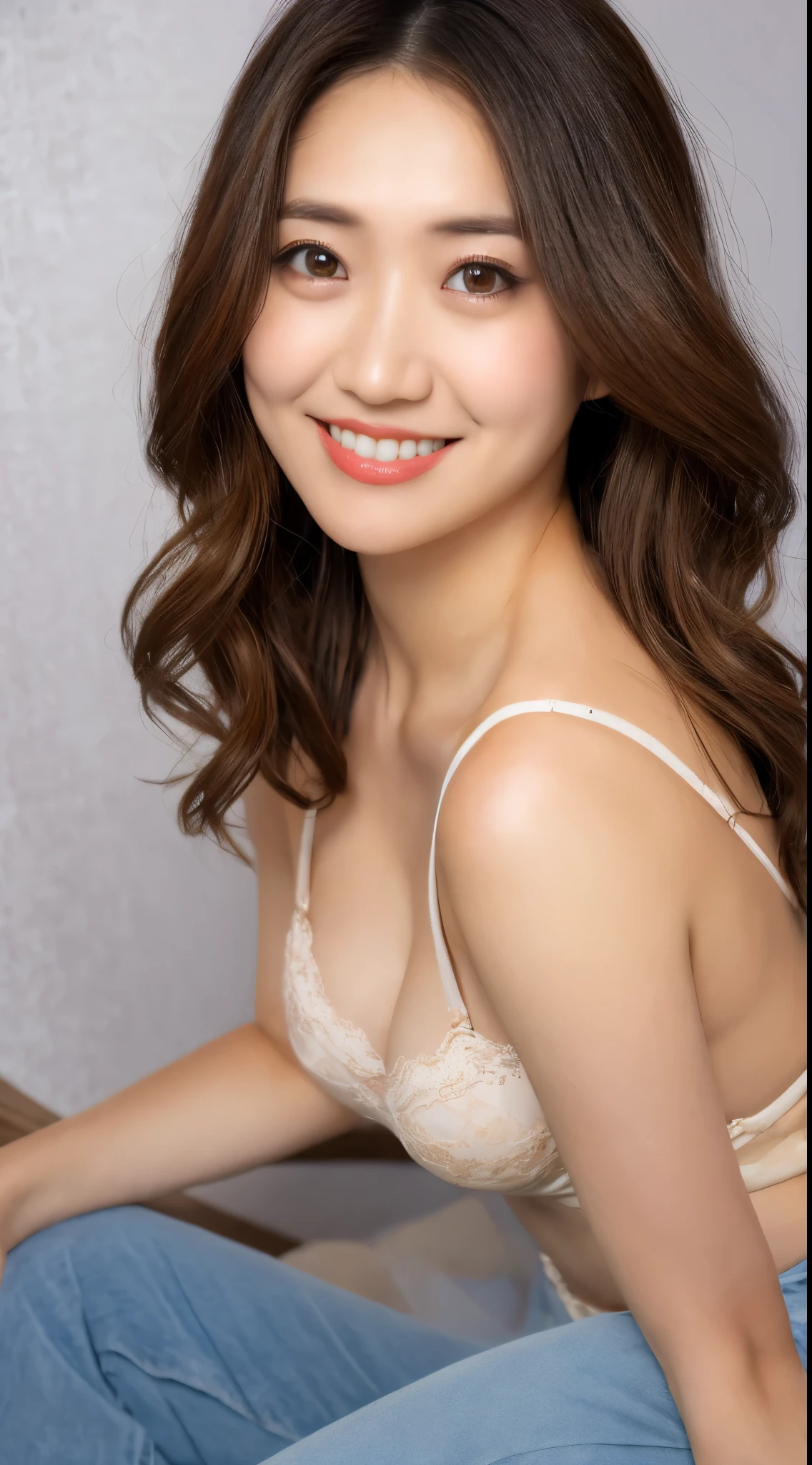 muste piece, best quality, illustration, Super detailed, fine details, High resolution, 8K Dende Wallpaper, perfect dynamic composition, beautiful detailed eyes, ladies fashion summer,medium hair, D cup breast natural color lip, bold sexy pose,shy smile,Harajuku style、30-year-old girl、cute type、sexy shot looking at camera, bra strap display,((full body photo))