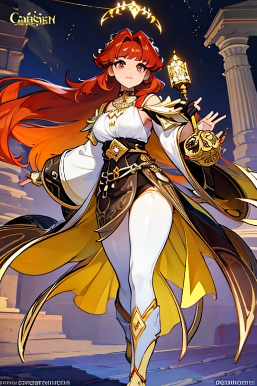 (Masterpiece: 1.5, best quality, high resolution: 1.3, super resolution, super detailed, ultra detailed: 1.3, rich background: 1.2, 1 woman)) brown skin + red hair + long fluffy hair + gray eyes + long eyelashes + no fringe + feminine body + defined figure + medium chest + wide hips + thick thighs (wide and long pants, sandals, intricate top, fabric hanging from her shoulder to her hip, weapons hanging from her hip, tribal accessories, intricate details, pyro vision hanging from a thick necklace) ((cheerful expression, holds her travel bag, standing on her two legs, solar lighting trees in the background, traveling scholar) (colors of clothing and accessories: white, black, red, cream, gold)