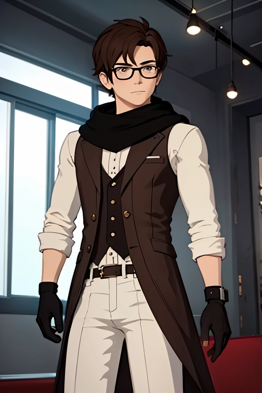 1024 X 1536, (masterpiece), maximum quality, short hair, jacket, brown jacket, black-framed eyewear, parted bangs, gloves, grey shirt, brown scarf, hazel eyes, brown hair, 1guy, 1boy, student,
