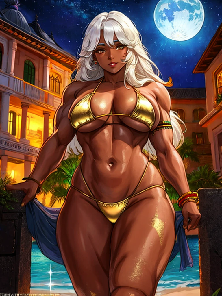 realistic, solo, old indian ifbb, (shiny bikini of gold), white hair, dark skinned, thick lips, night, ruin, cybertronics, palace, view