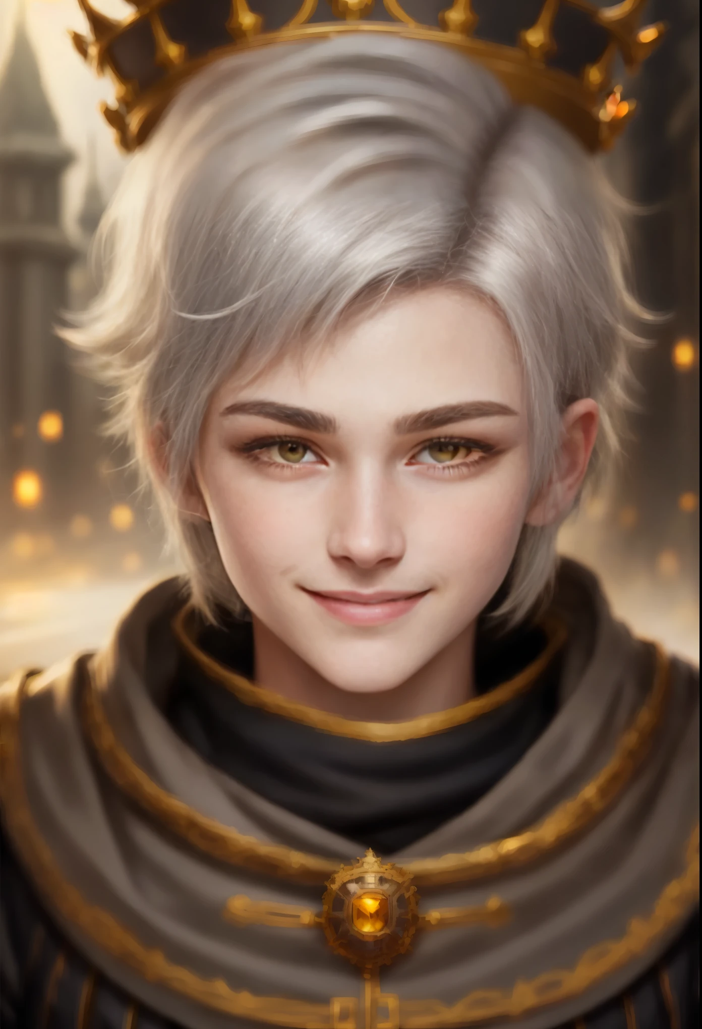High definition, portrait, young guy, 18 years old, light gray hair, short haircut, yellow eyes, smiling, crown, young woman dark hair, realism, fantasy