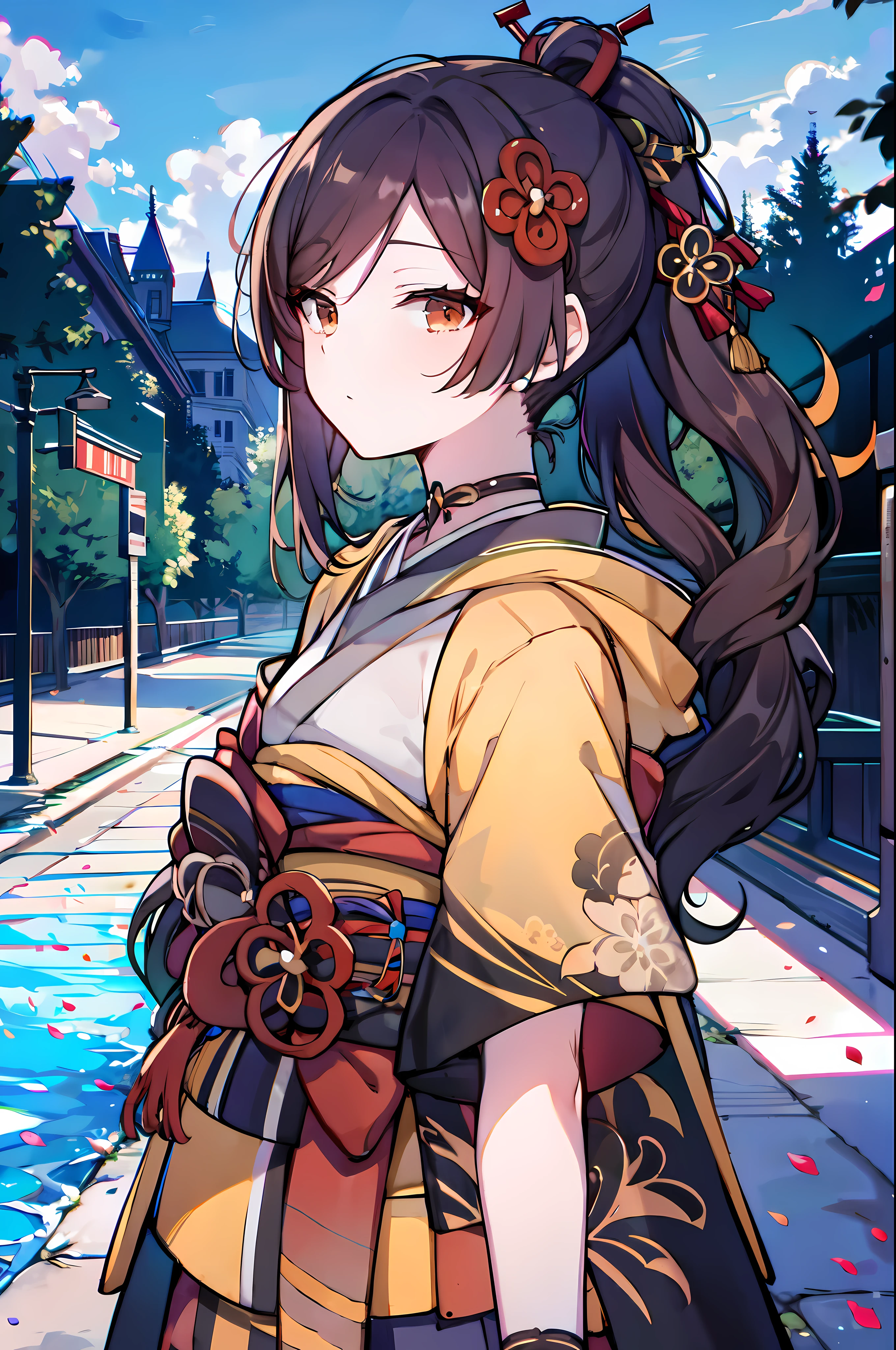 detailed, (masterpiece:1.2), (pale_skin), (solo:1.2), (female), (emphasis lines:1.3), slender, (brunette), outdoors, sky, brown_eyes, bracelets, (averting_eyes:1.3), (kimono), park, trees, gloves, ponytail